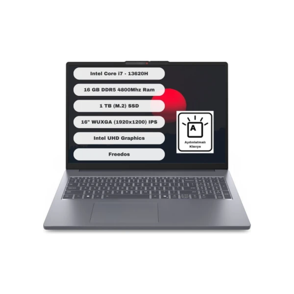 Ekranda görüntülenen özelliklere sahip bir dizüstü bilgisayar: Intel Core i7, 16 GB RAM, 1 TB SSD, 16" ekran, Intel UHD Graphics ve Freedos.