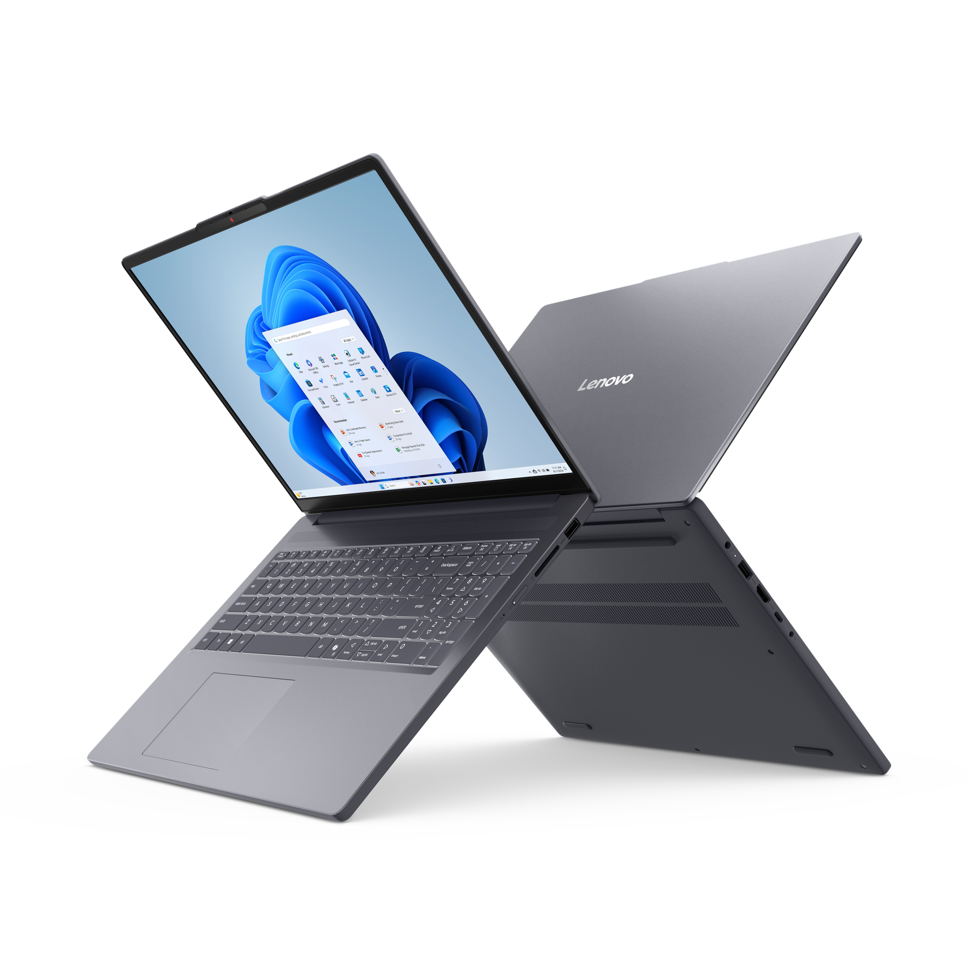 Siyah arka plan üzerinde Windows 11 arayüzünü gösteren, açık ekranlı iki gri Lenovo dizüstü bilgisayar.