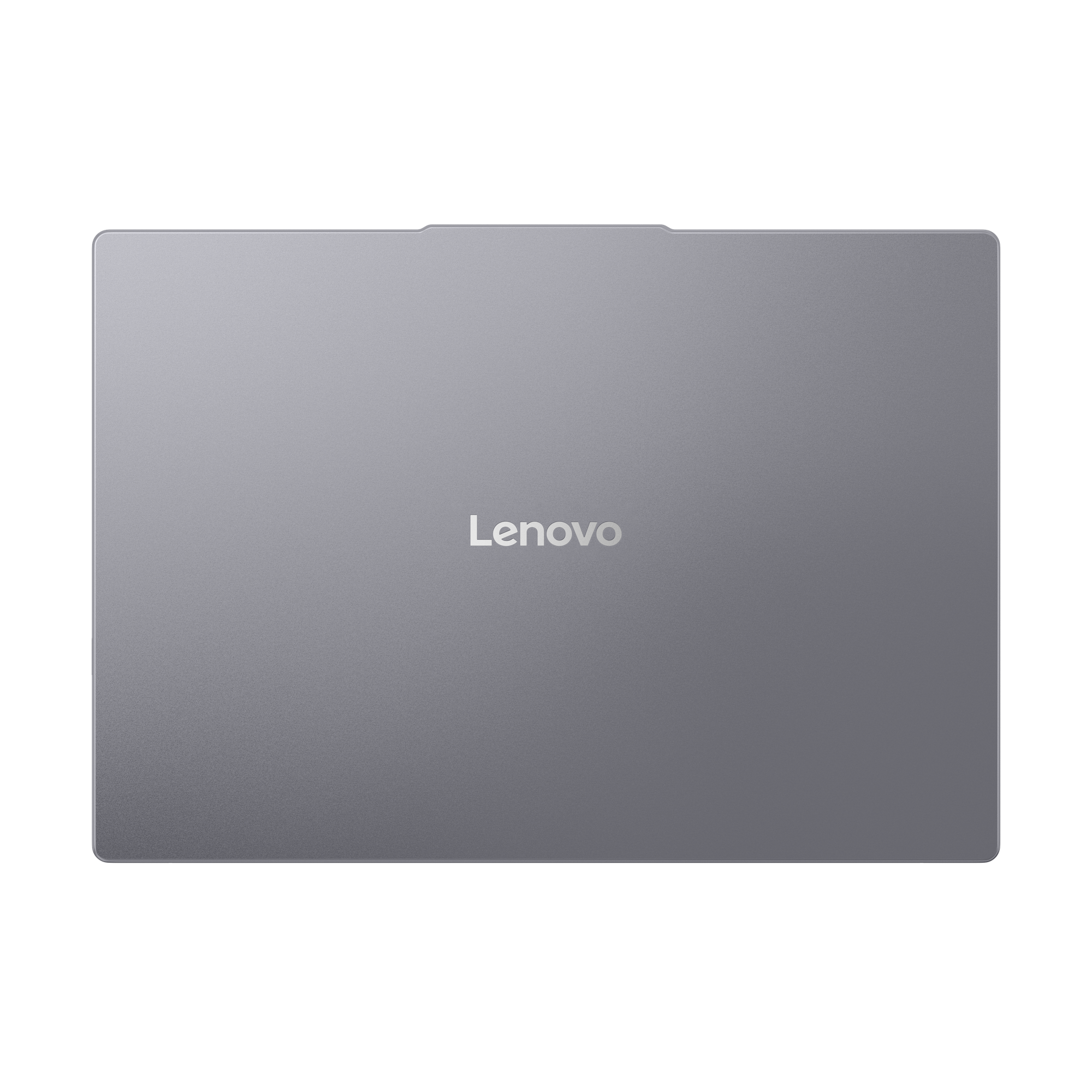 Siyah bir arka plan üzerinde ortalanmış gri bir Lenovo dizüstü bilgisayar kapağı. Lenovo logosu ortada.