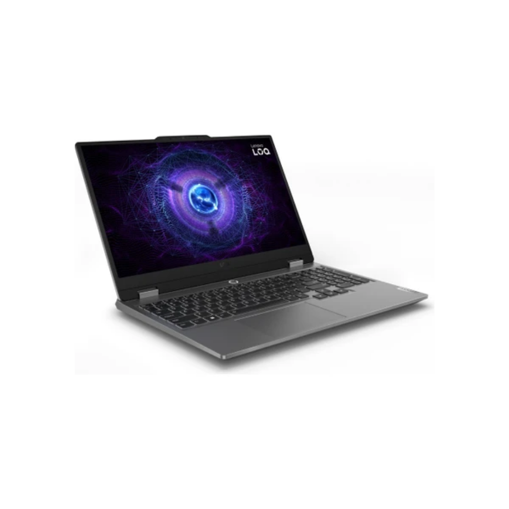 Gri bir Lenovo dizüstü bilgisayar, mor ve mavi soyut bir tasarım sergiliyor. Ekran açılı, klavyeyi ve dokunmatik yüzeyi gösteriyor.