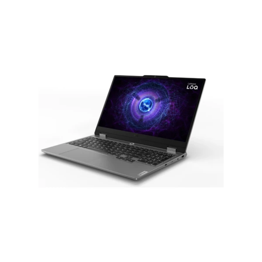 Gri bir Lenovo Loq dizüstü bilgisayar açık. Ekran mor ve mavi dijital bir tasarım gösteriyor. Klavye ve gövde gri.