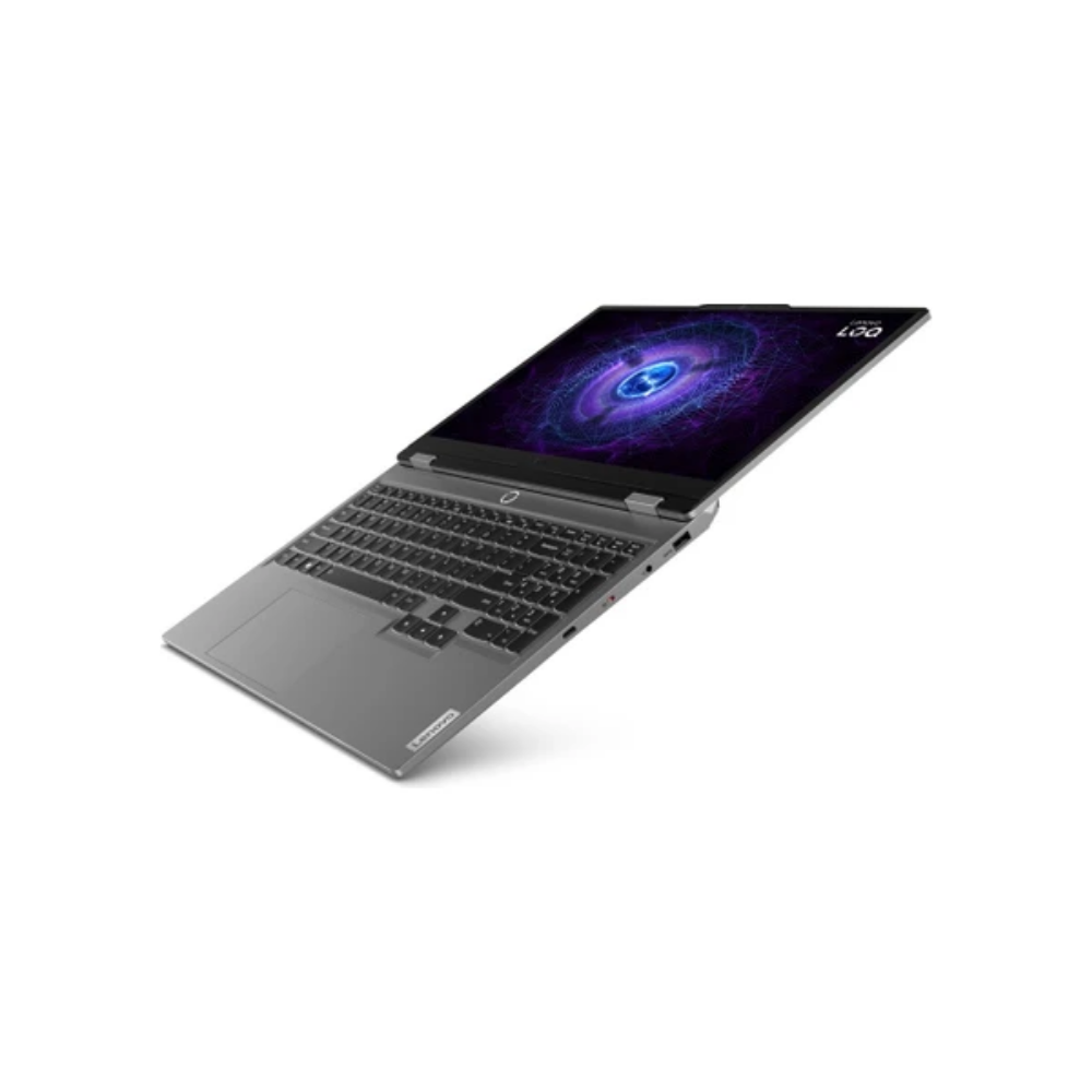 Gri bir Lenovo dizüstü bilgisayar açık, ekranda mor ve mavi soyut bir tasarım gösteriyor. Klavye görünür durumda.