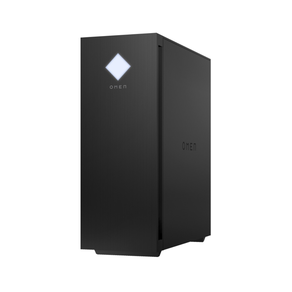 Un case per PC gaming OMEN nero. Ha un logo a diamante illuminato sulla parte anteriore e il logo OMEN è visibile.