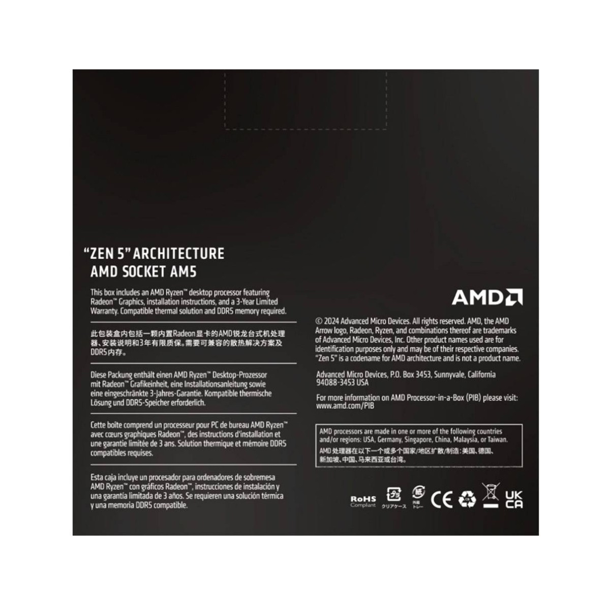 Pudełko ze szczegółami procesora AMD Ryzen 'ZEN 5'. Tekst w wielu językach, logo AMD i certyfikaty widoczne.