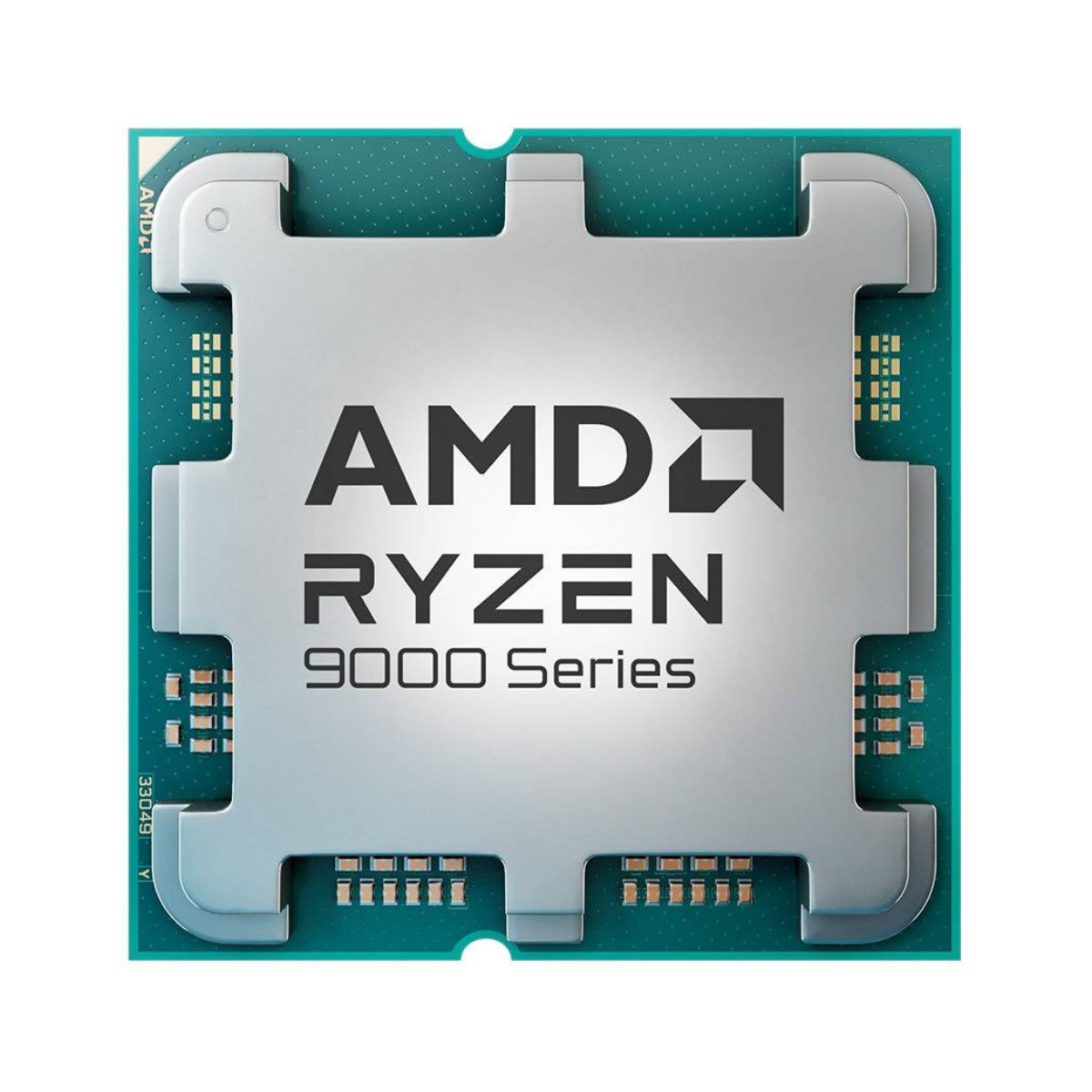 Procesor CPU z napisem 'AMD RYZEN 9000 Series'. Posiada srebrny środek z logo AMD i marką oraz zieloną obwódkę.