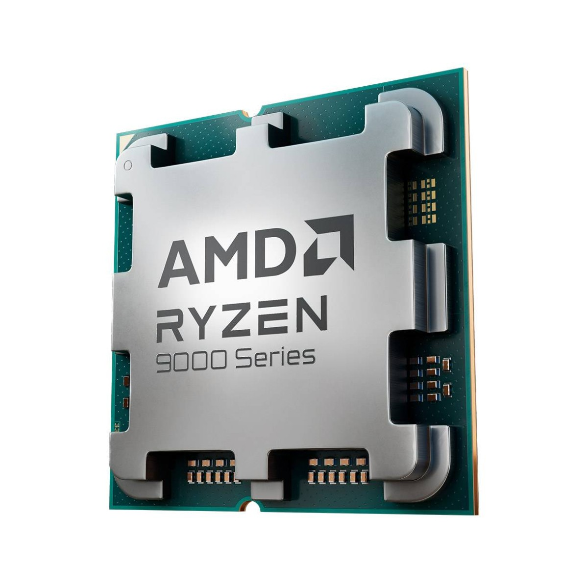 Procesor AMD Ryzen 9000 Series na zielonej płytce drukowanej. Procesor jest srebrny z logo AMD. Tekst brzmi AMD Ryzen 9000 Series.