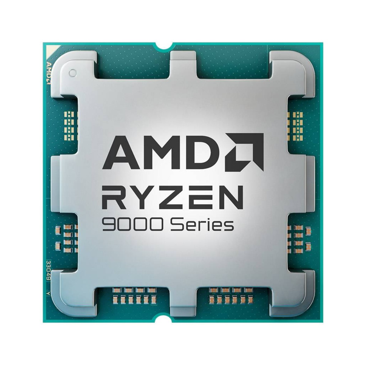 Procesor CPU z logo AMD Ryzen serii 9000. CPU ma srebrny środek z czarnym tekstem, otoczony zieloną ramką.