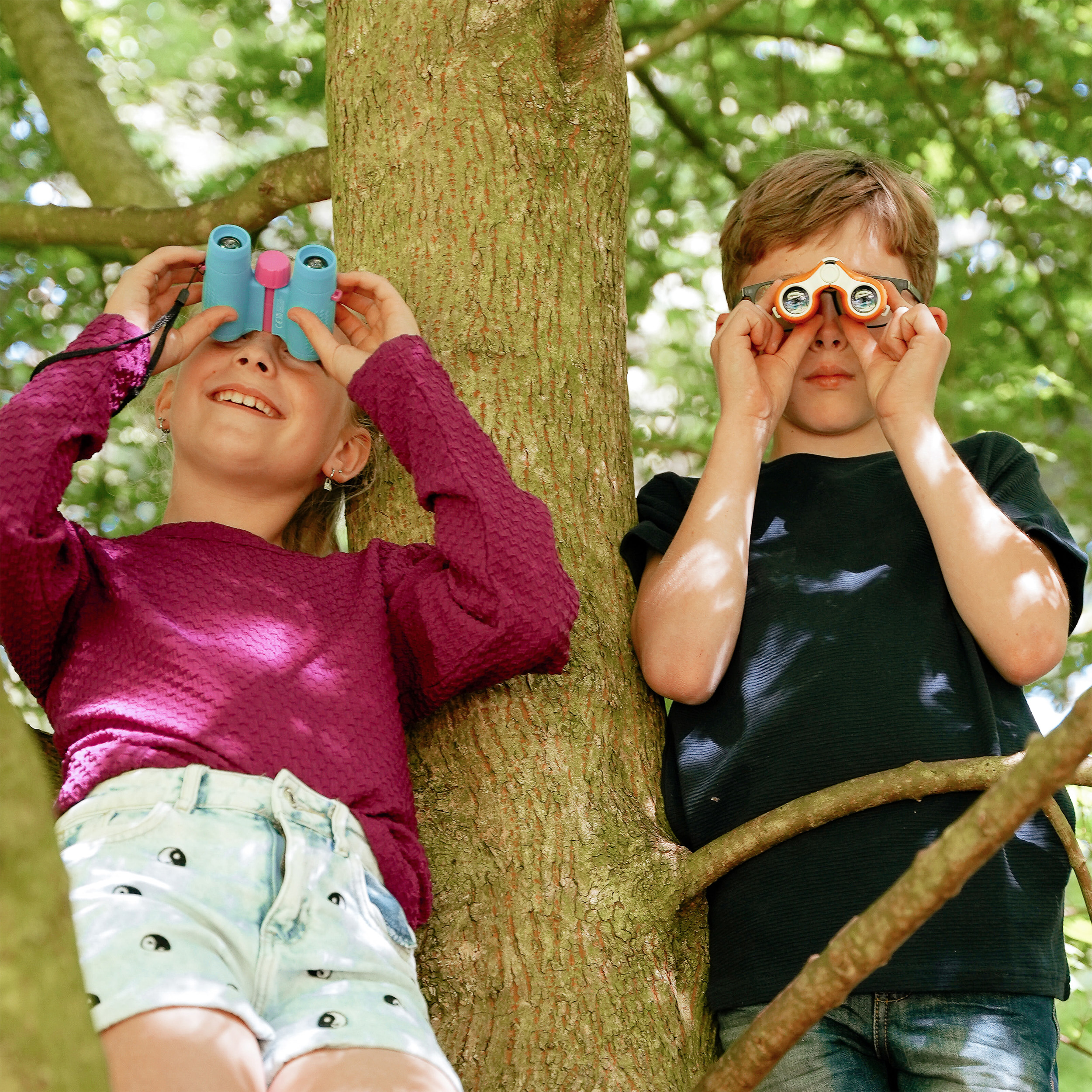 Zwei Kinder schauen mit Ferngläsern durch einen Baum. Einer trägt ein lila Hemd, der andere ein schwarzes.