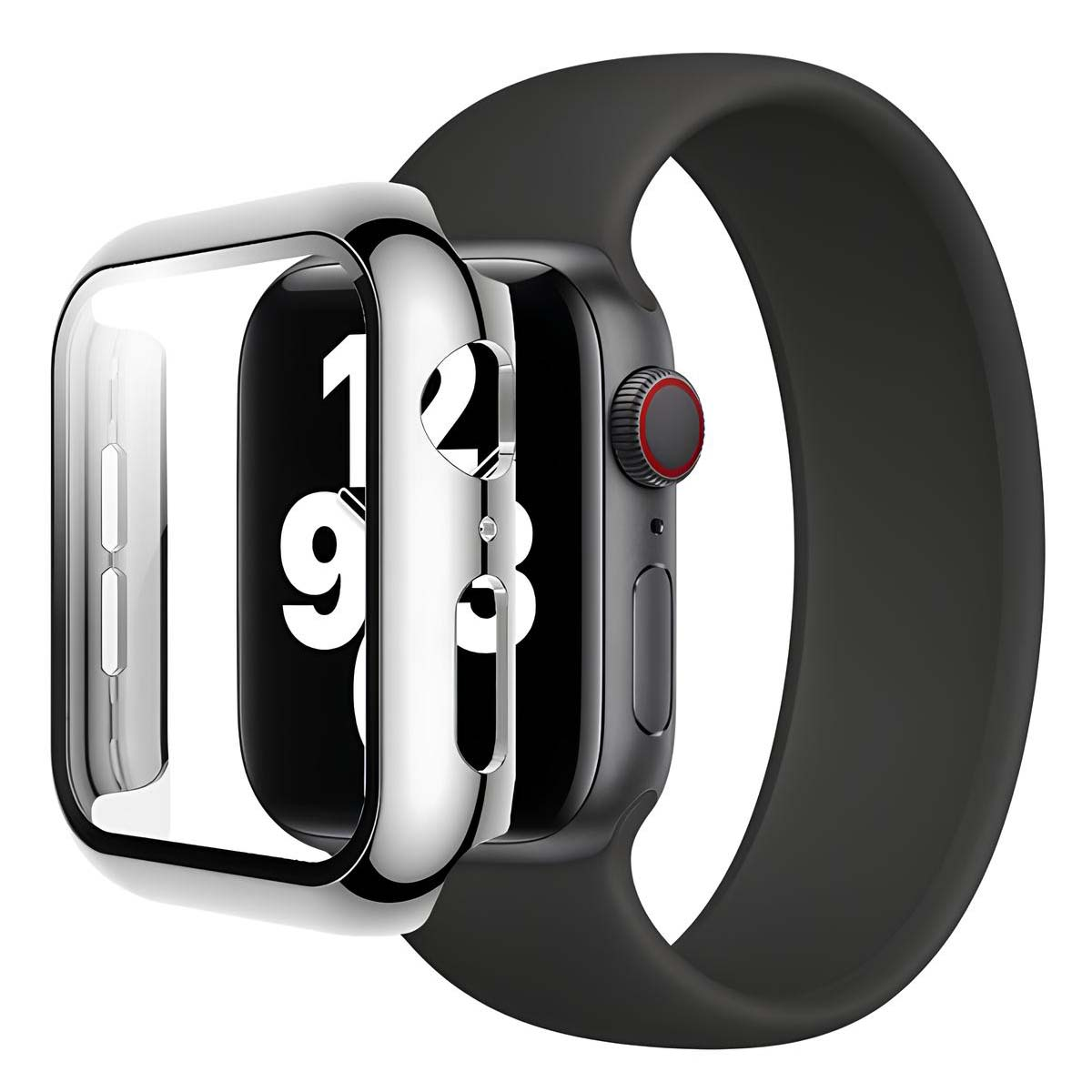 Apple Watch con cinturino nero. Il quadrante mostra l'ora. L'orologio è argentato con schermo nero. Il cinturino è curvo.