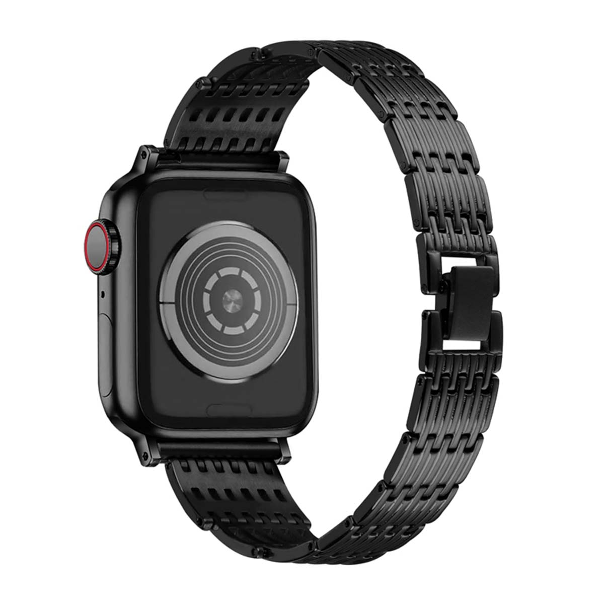 Apple Watch nera con cinturino in metallo. Il quadrante è nero con un design circolare. Anche il cinturino è nero.