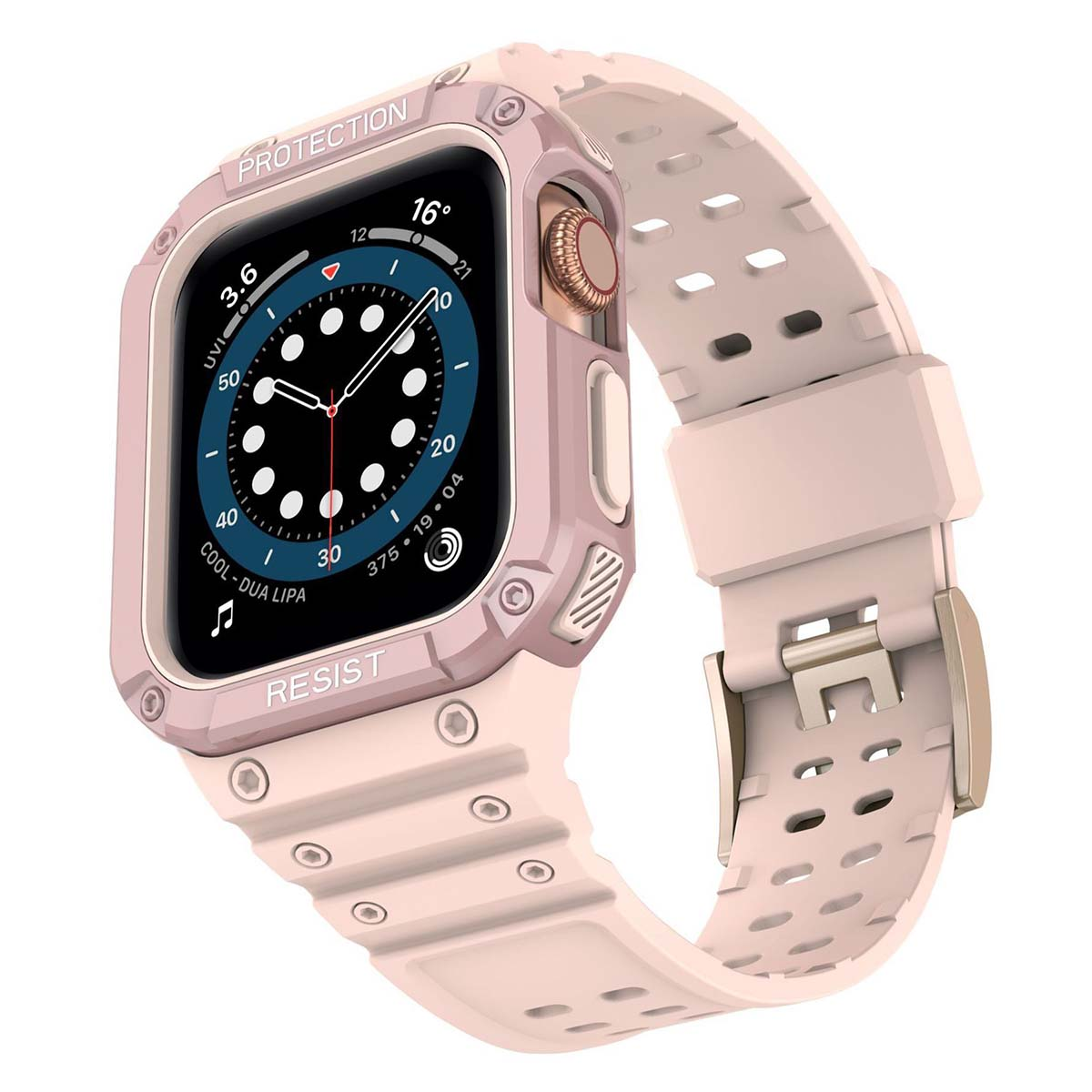 Uno smartwatch rosa chiaro con uno schermo che mostra l'ora e i parametri di salute, con cinturino e custodia protettiva abbinati.