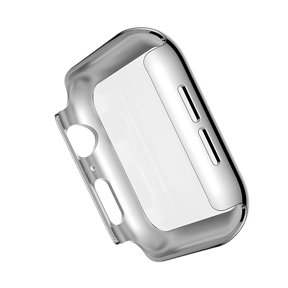 Un proteggi cassa per orologio trasparente e lucido. Ha aperture per pulsanti e sensori. La cassa è riflettente e sembra essere in plastica.