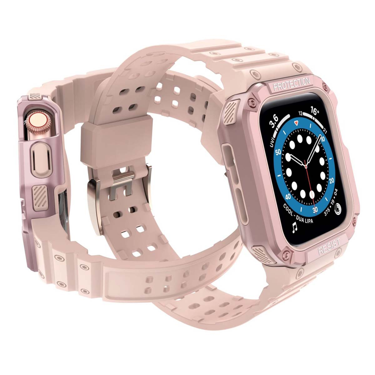 Smartwatch rosa con custodia protettiva e cinturino, con display digitale e chiusura a fibbia, su sfondo bianco.