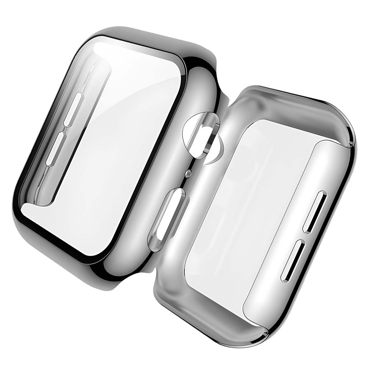Una custodia protettiva trasparente per smartwatch. Ha una cornice argentata lucida con schermo trasparente. Sfondo bianco.