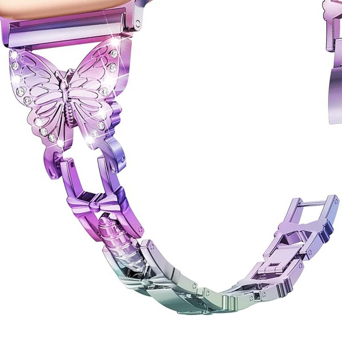 Un cinturino metallico con un design a farfalla. La fascia cambia colore dal viola all'argento, con accenti di gemme sulla farfalla.