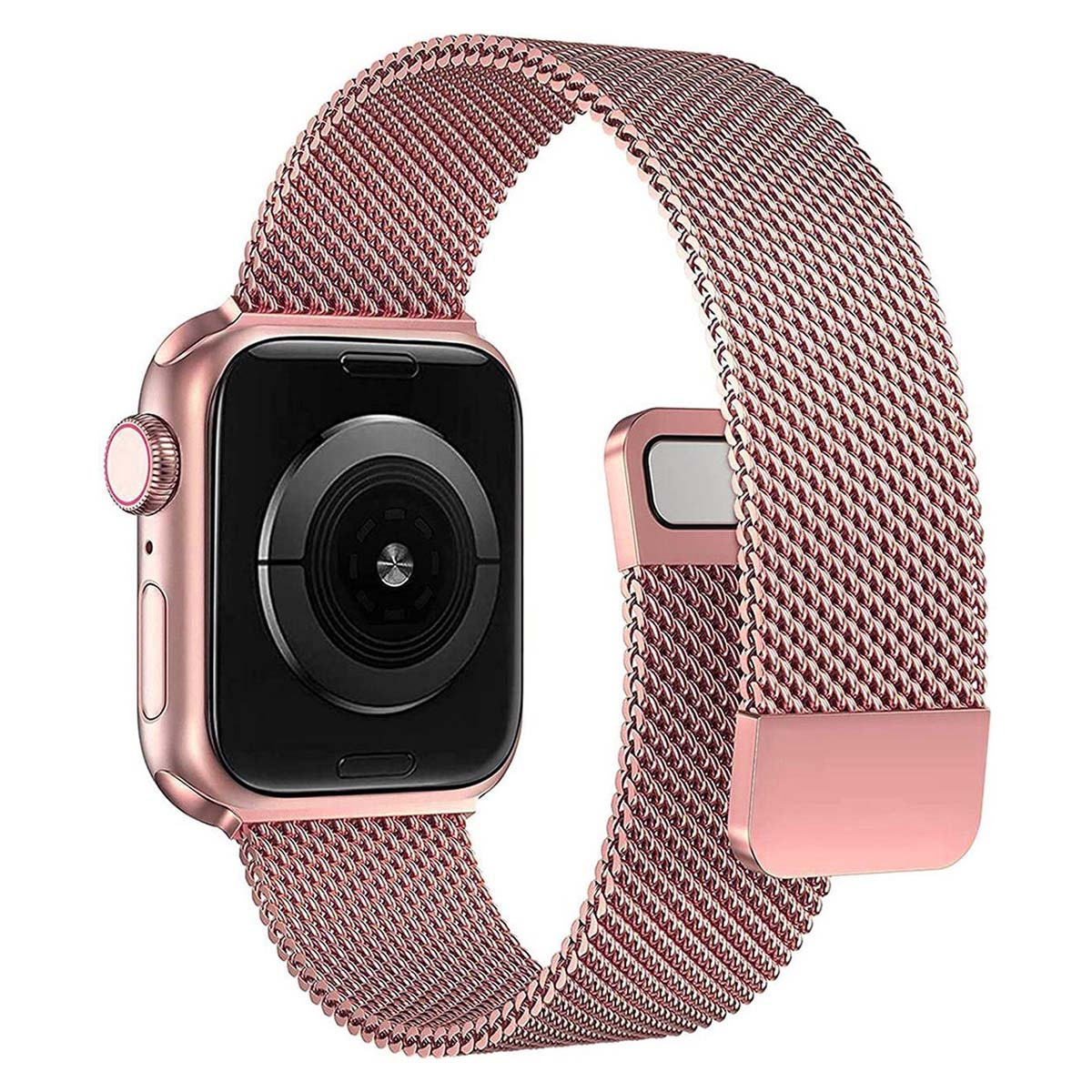 Smartwatch oro rosa con schermo nero e cinturino in maglia abbinato. Il cinturino è collegato al corpo dell'orologio.