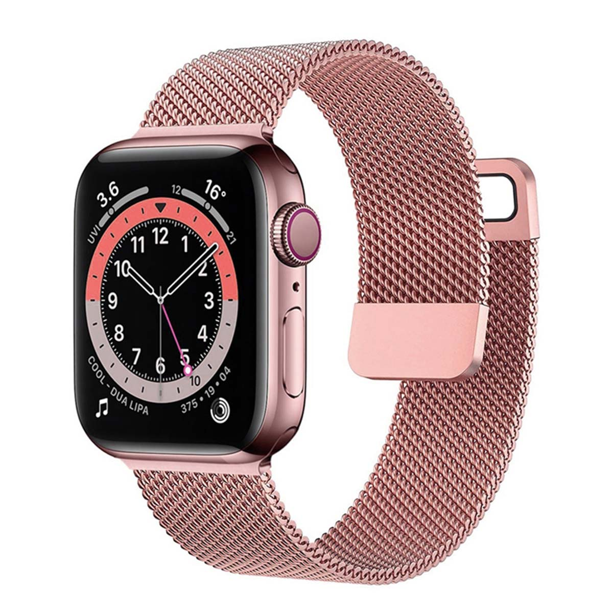 Apple Watch color oro rosa con cinturino a maglia, che mostra l'ora. Il quadrante mostra numeri e lancette.