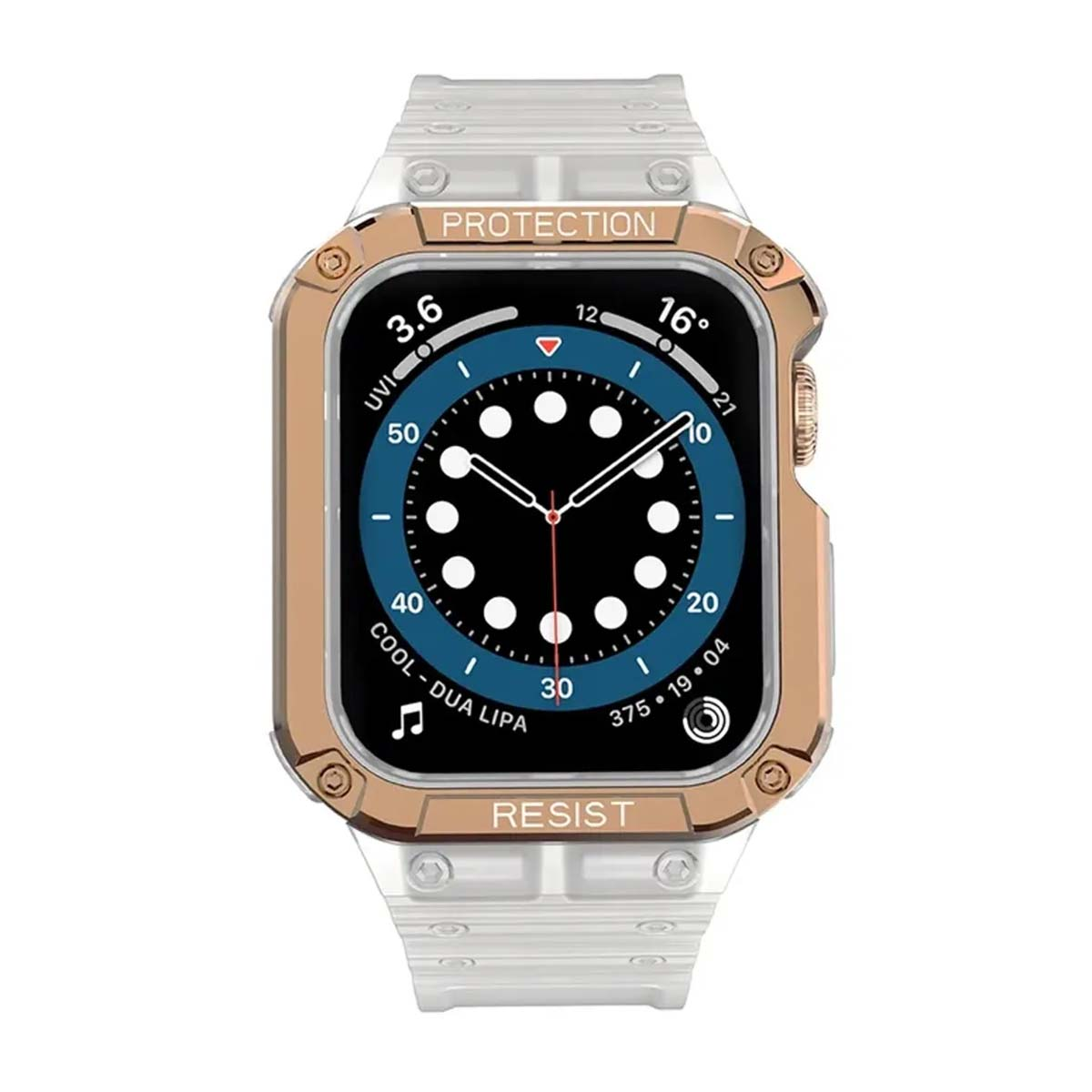 Smartwatch con caja metálica y correa blanca. La esfera muestra hora, temperatura y otros datos, con una esfera negra y azul.
