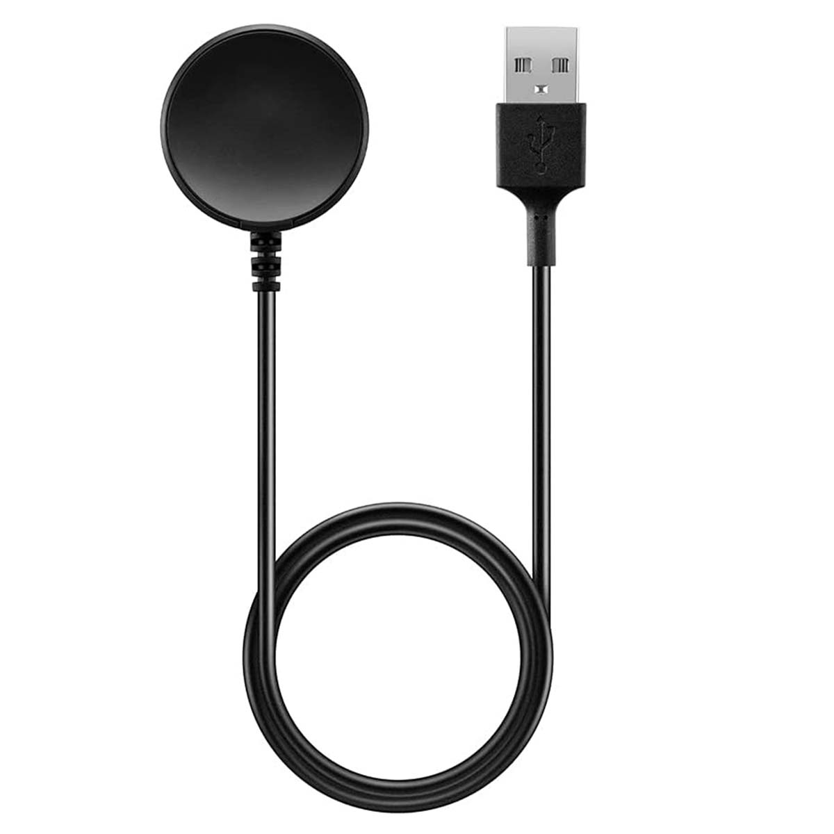 Un caricabatterie per smartwatch nero con un pad di ricarica circolare e connettore USB, collegato da un cavo nero.