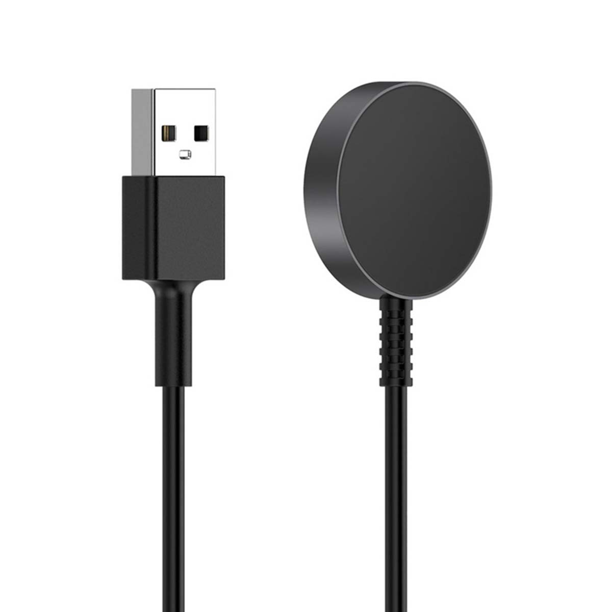 Caricabatterie per orologio nero e cavo USB su sfondo bianco. Caricabatterie circolare a destra, connettore USB a sinistra. Entrambi hanno cavi neri.