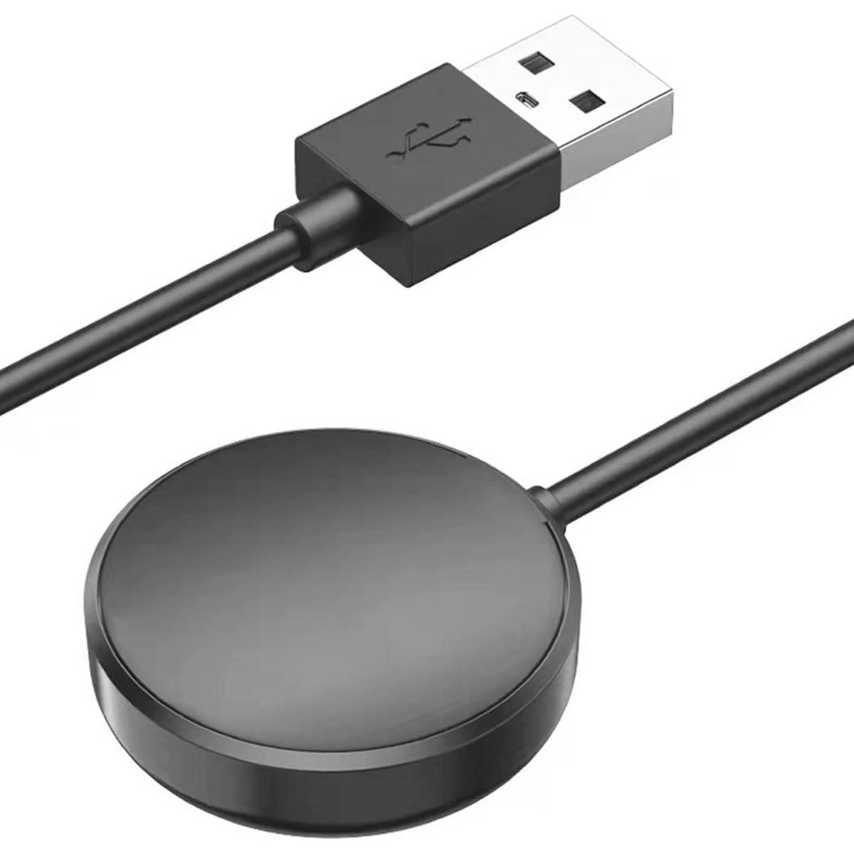 Cavo caricatore USB nero con un pad di ricarica rotondo. Il connettore USB è in alto, il pad in basso, entrambi neri.