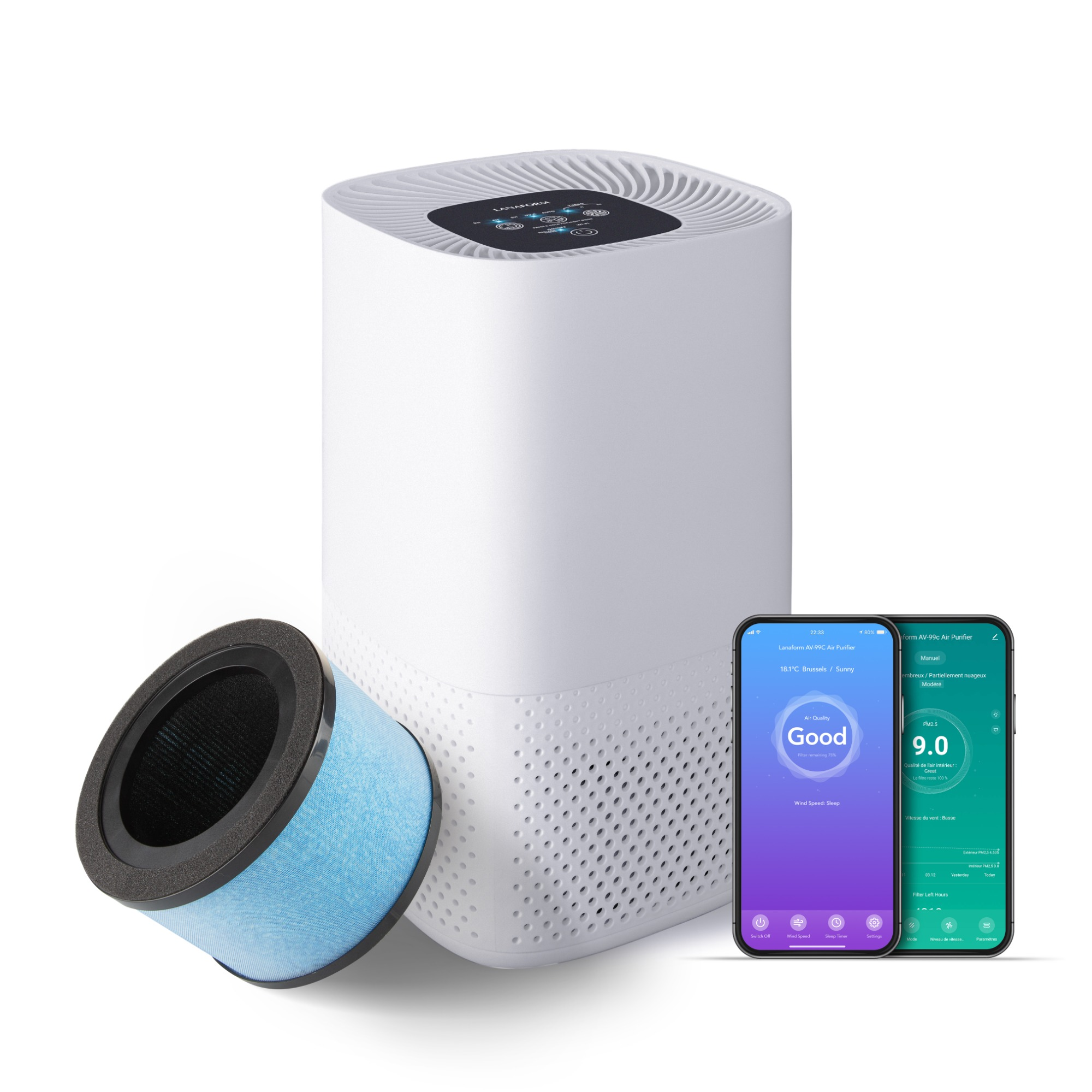 Weißer Luftreiniger, Filter und zwei Telefone mit Luftqualitätsdaten. Auf einem Telefon wird gute Luftqualität angezeigt.