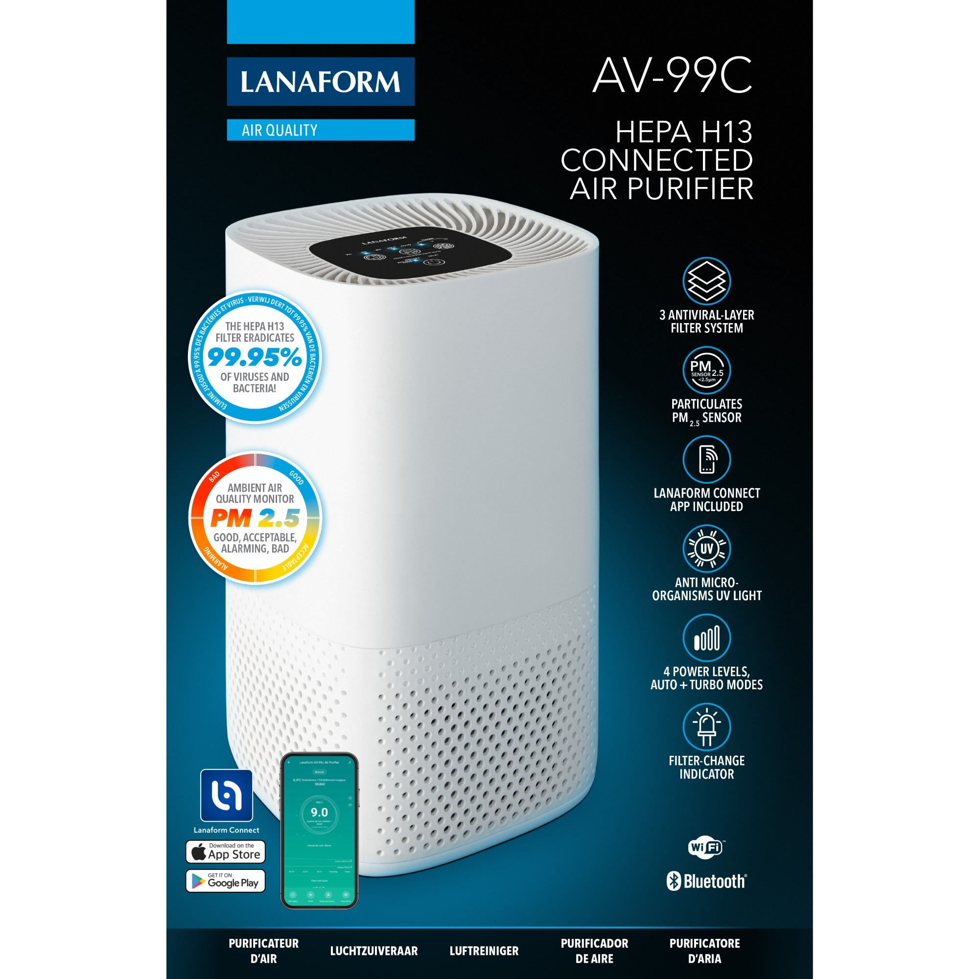 Weißer Lanaform AV-99C Luftreiniger. Merkmale sind HEPA-Filter, PM 2.5 Sensor und eine mobile App. Bluetooth und Wi-Fi aktiviert.