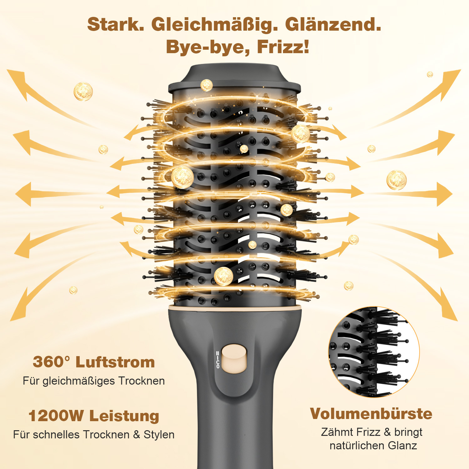 Haarstylingbürste mit Pfeilen, die den Luftstrom zeigen. Text enthält Funktionen wie 360° Luftstrom und 1200W Leistung.