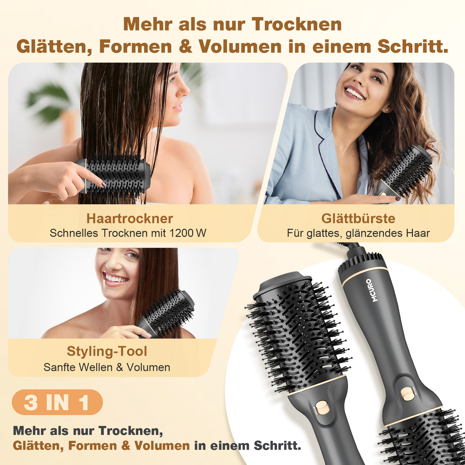 Werbung zeigt ein Haarstyling-Tool. Drei Frauen demonstrieren das Produkt, das das Haar trocknet, glättet und ihm Volumen verleiht.