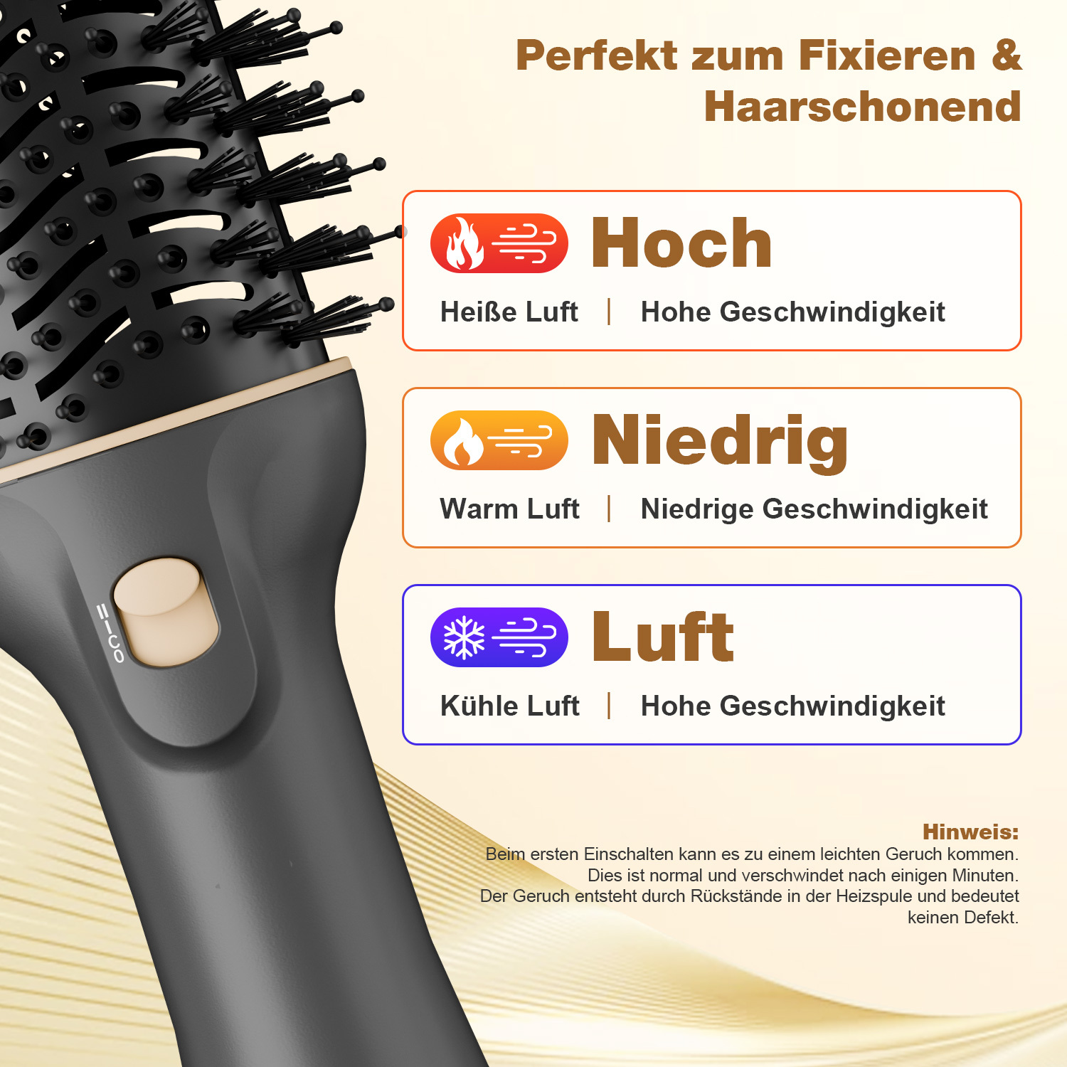 Ein schwarzes und beigefarbenes Haarstyling-Werkzeug mit Einstellungen für heiße, warme und kalte Luft. Text: 'Perfekt zum Fixieren & Haarschonend'.