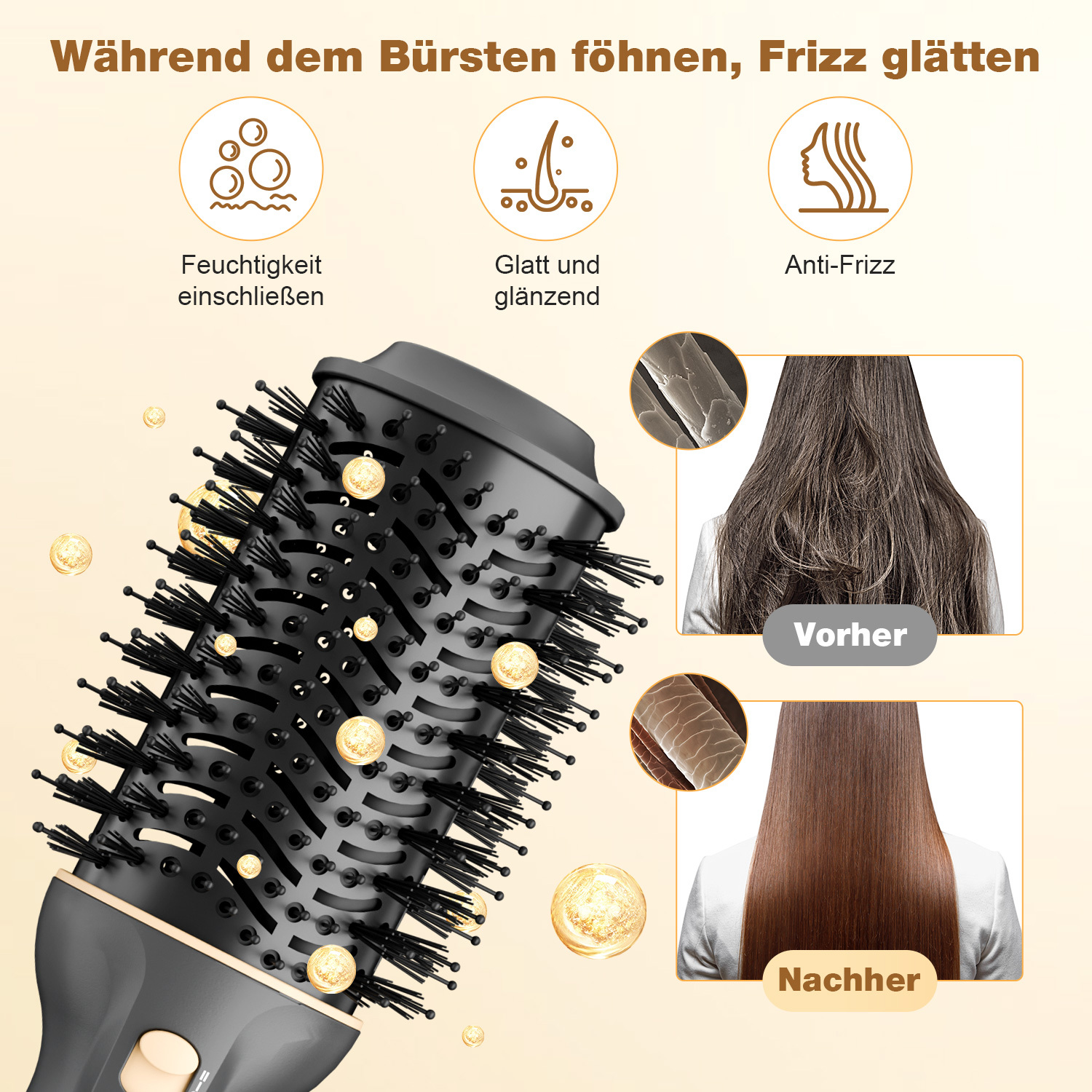 Das Bild zeigt ein Haarstyling-Tool mit Vorher- und Nachher-Bildern von krausem und glattem Haar sowie Icons für Feuchtigkeit, Glanz und Anti-Frizz.