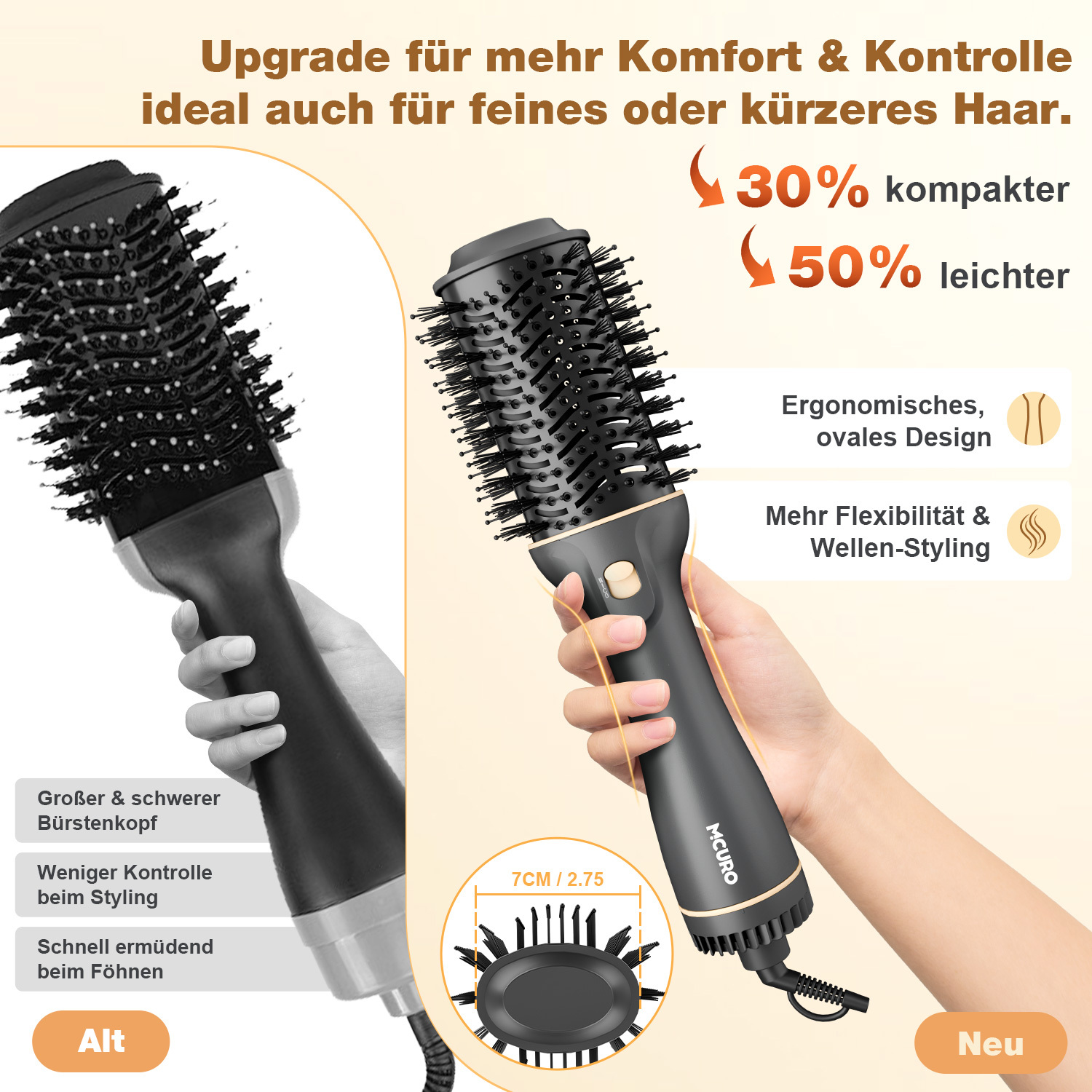 Vergleich von zwei Haarstyling-Bürsten. Eine ist größer und schwerer, die andere kompakt. Merkmale sind ergonomisches Design, mehr Flexibilität.