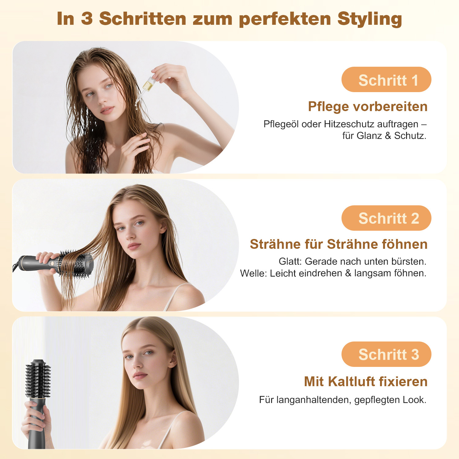 Bild zeigt Haarstyling-Schritte: Öl auftragen, Haare föhnen und mit kalter Luft fixieren. Jeder Schritt zeigt eine Frau.