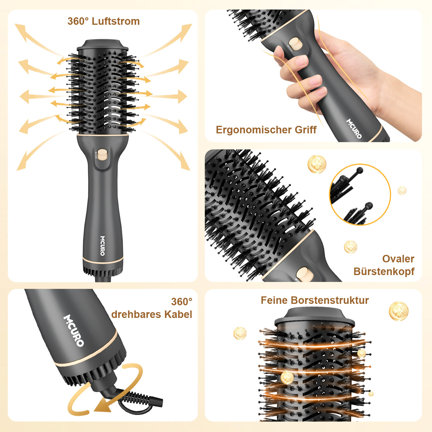 Eine schwarz-goldene Haarstyling-Bürste wird in mehreren Ansichten gezeigt. Zu den Merkmalen gehören feine Borsten, ein ergonomischer Griff und ein 360-Grad-Drehkabel.