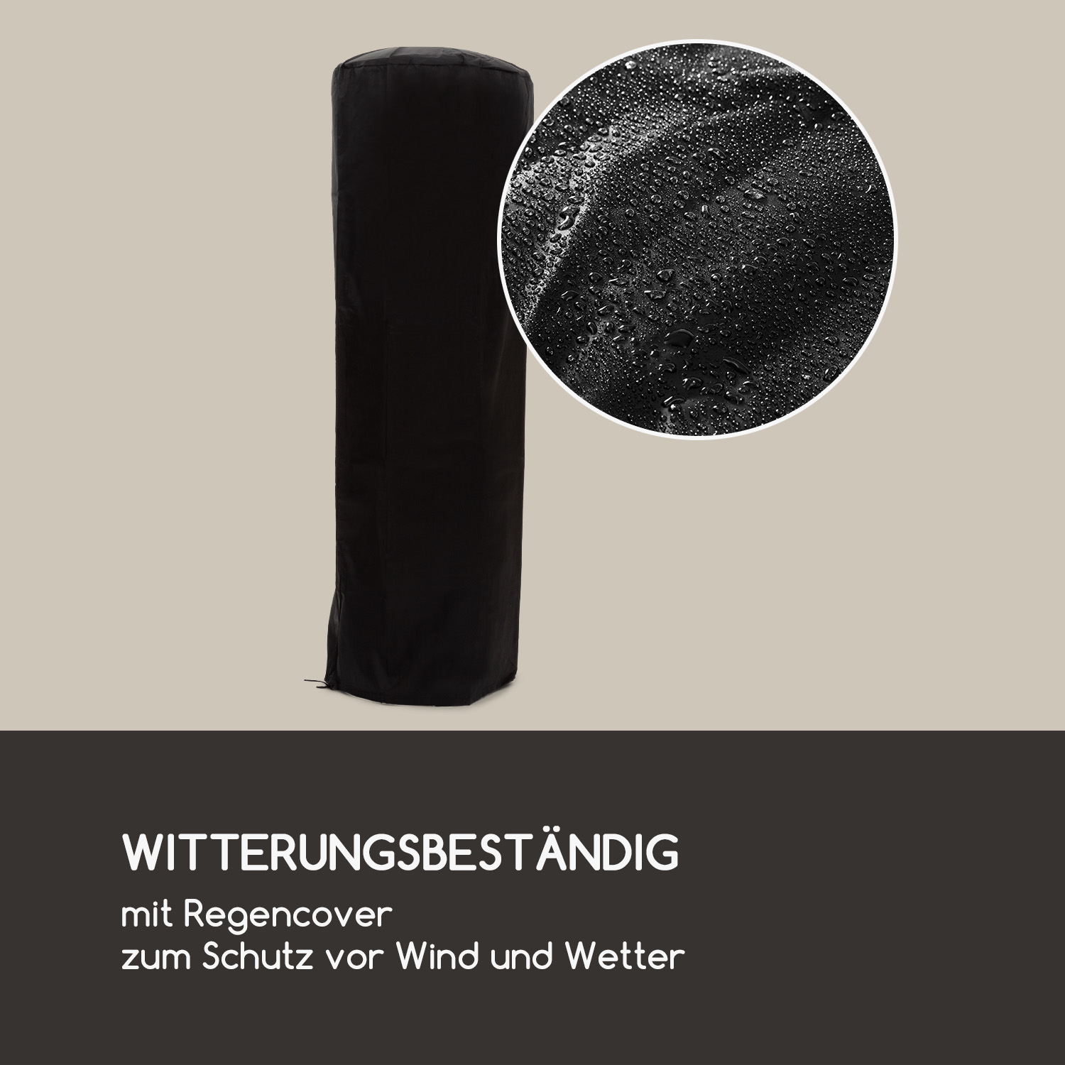 Eine schwarze, witterungsbeständige Abdeckung auf beigem Hintergrund. Eine Nahaufnahme zeigt Wassertropfen auf dem Material. Text: "Witterungsbeständig".