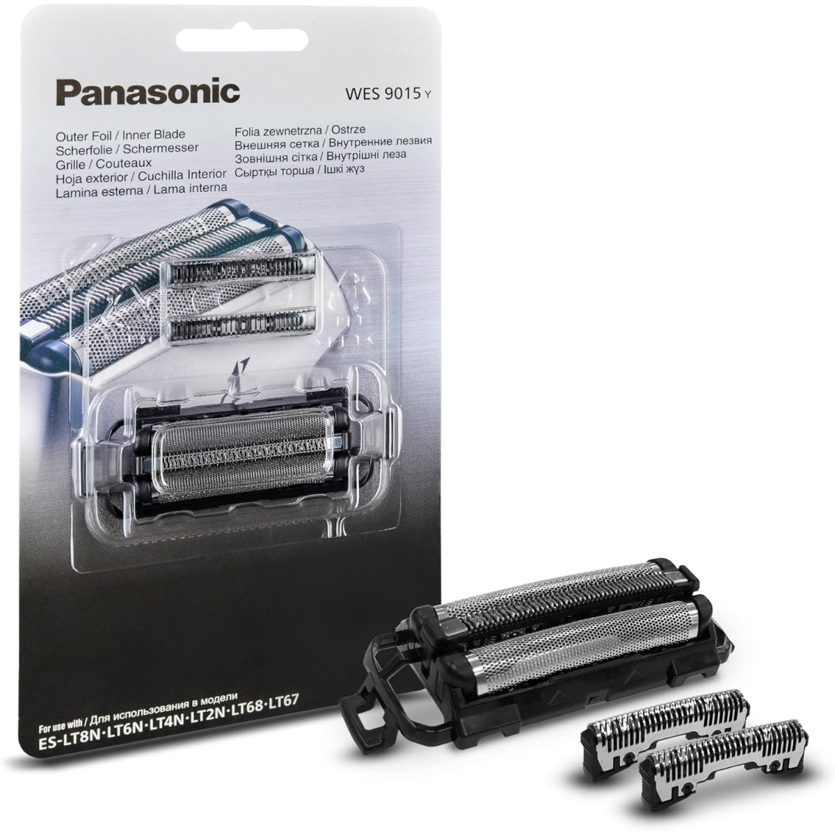 Ein Panasonic Rasierklingen-Ersatzset. Die Verpackung trägt den Markennamen und die Modellnummer. Mehrere Klingen werden angezeigt, einige in der Verpackung.