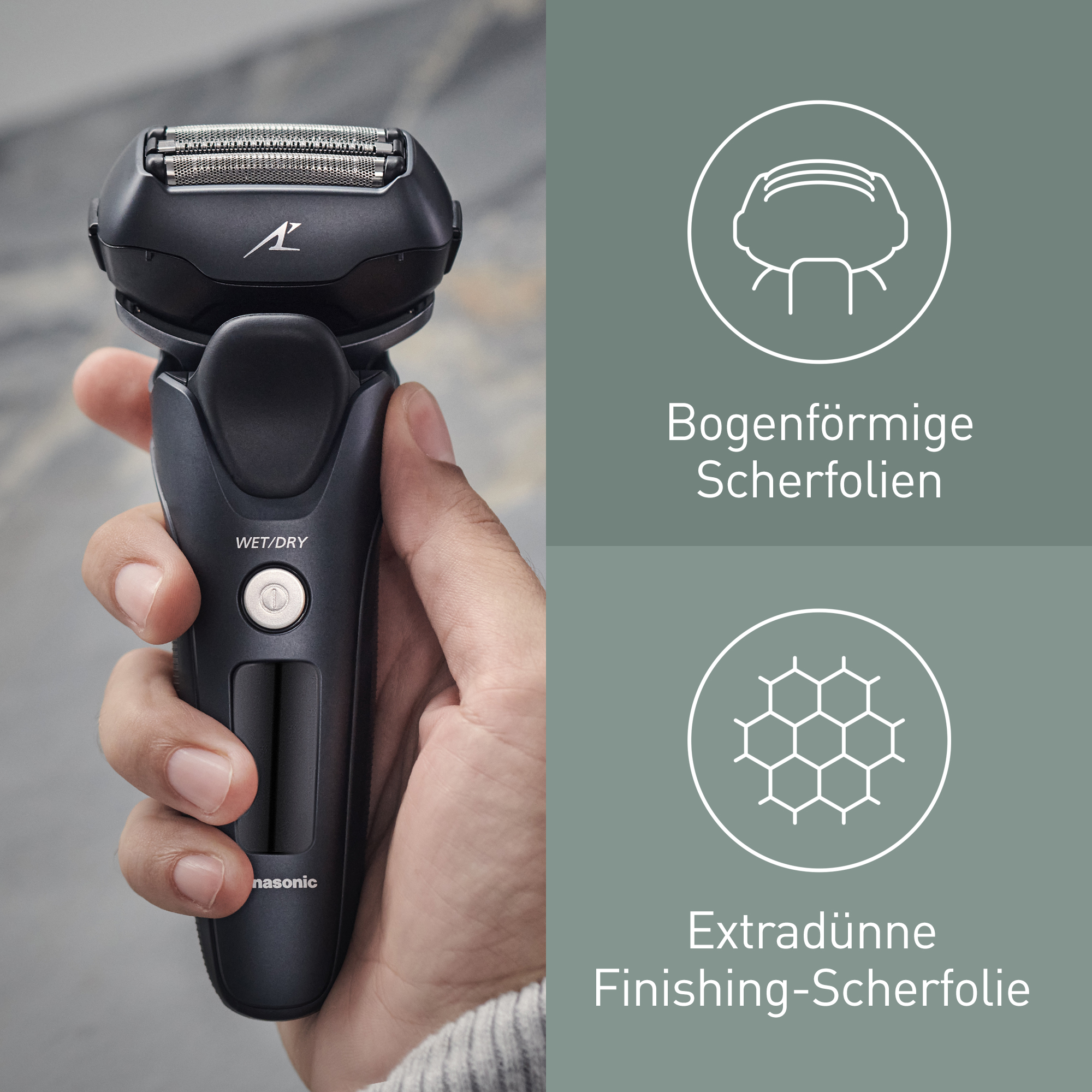 Eine Hand hält einen schwarzen und silbernen Elektrorasierer. Auf der Seite steht Wet/Dry. Es gibt zwei Infografiken.