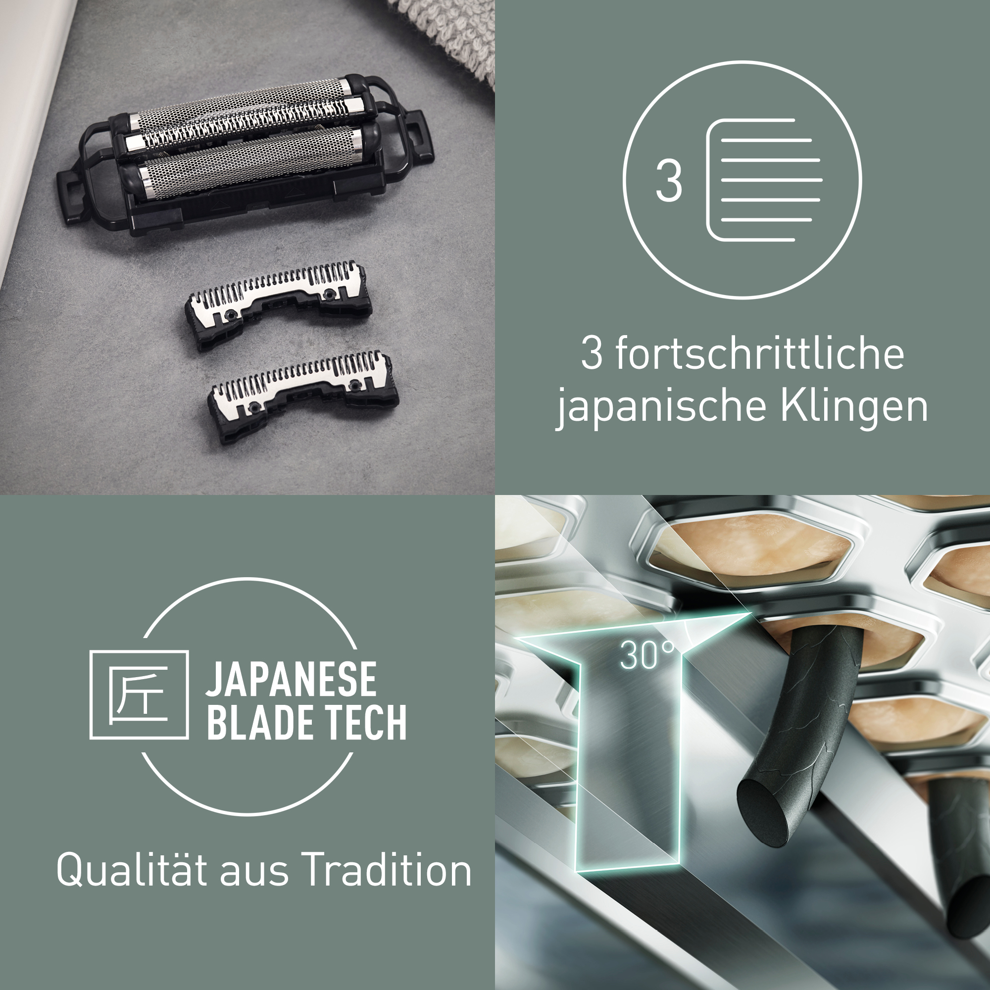 Das Bild zeigt Rasierklingen, japanische Klingentechnologie und Details zu den Klingen. Es hebt Qualität und Präzision hervor.