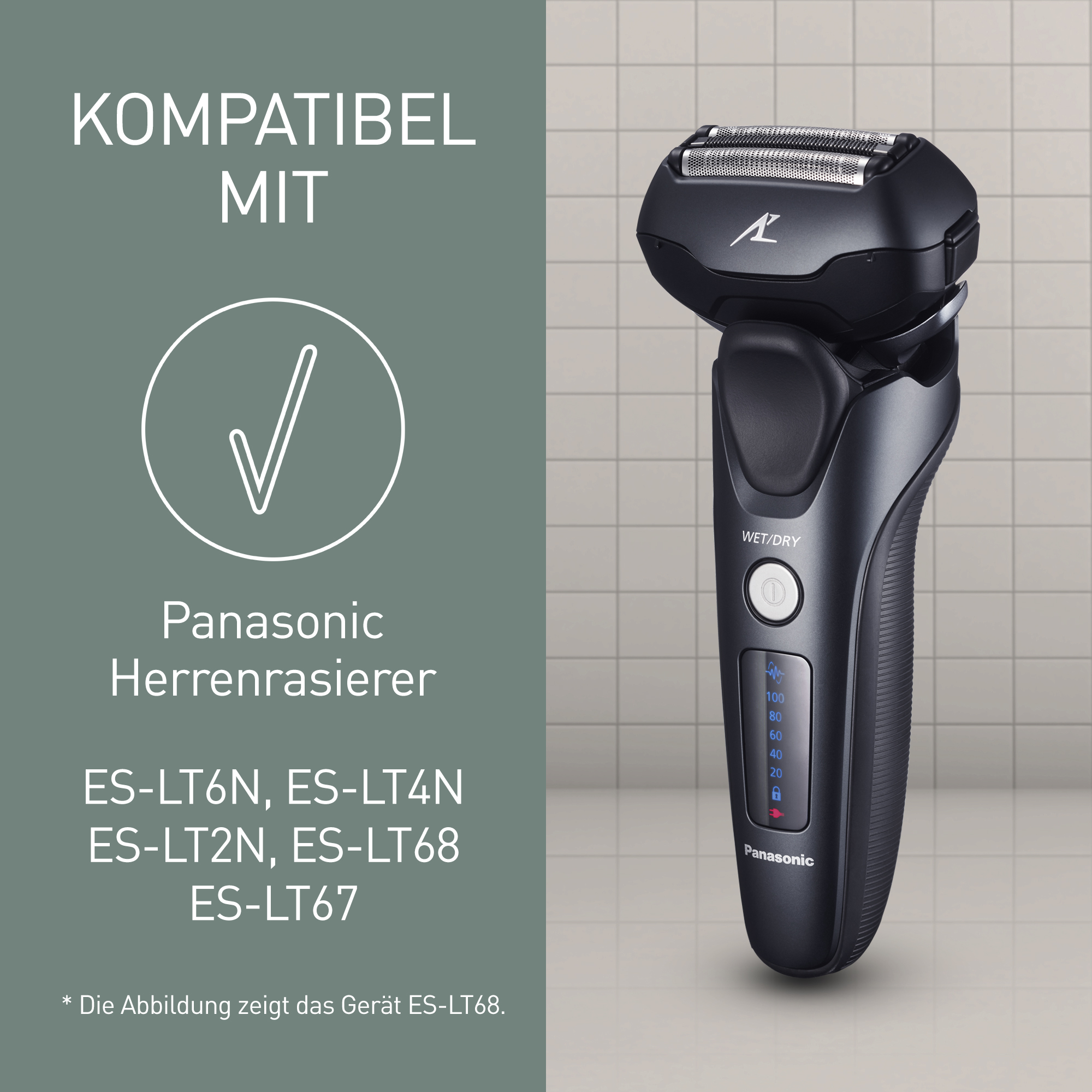 Ein schwarzer Panasonic-Rasierer auf gefliestem Hintergrund. Text enthält 'KOMPATIBEL MIT' und Rasierermodellnummern.