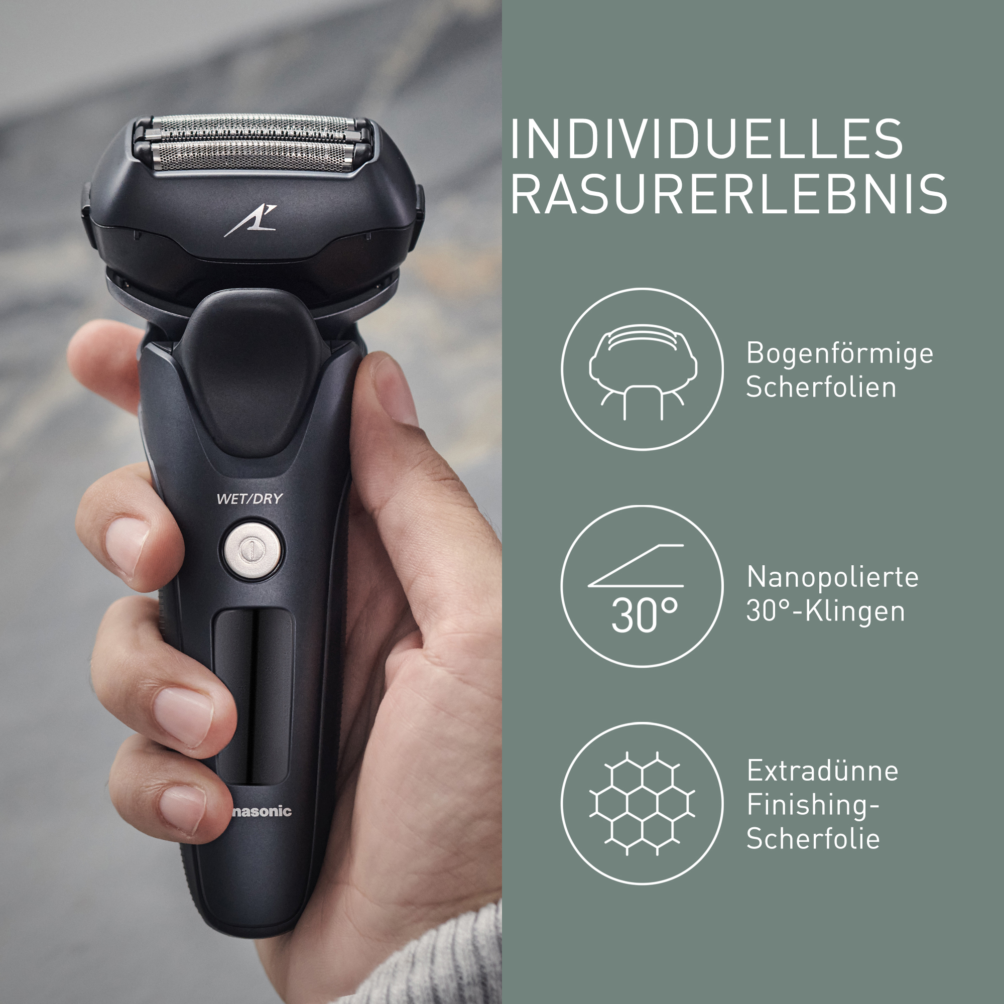 Ein schwarzer Elektrorasierer wird in einer Hand gehalten. Text beschreibt Merkmale: Klingen, Folien und 30-Grad-Winkel.