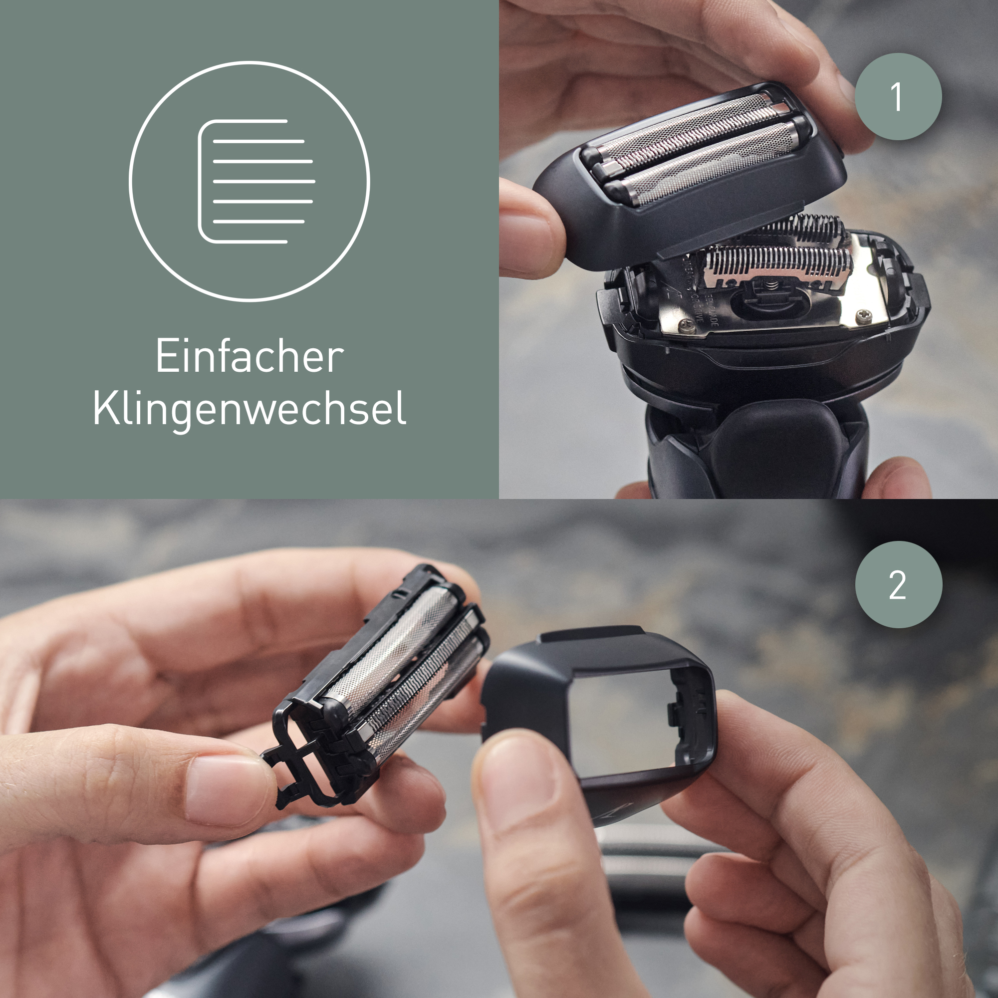 Hände zerlegen einen schwarzen Rasierer. Ein Diagramm und der Text 'Einfacher Klingenwechsel' sind im Hintergrund.