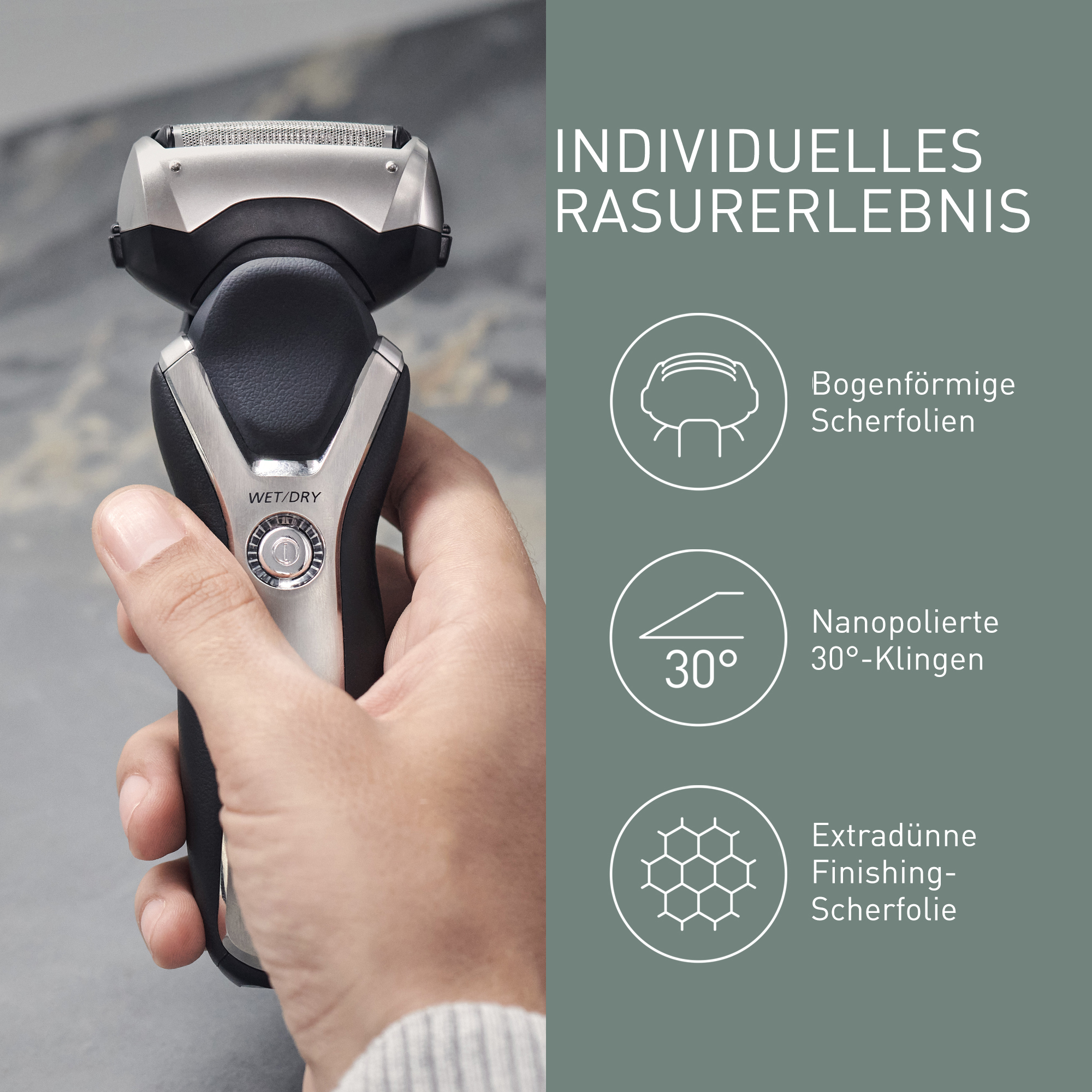 Dłoń trzyma czarno-srebrną golarkę elektryczną. Tekst opisuje cechy takie jak zakrzywione folie i ostrza 30 stopni.