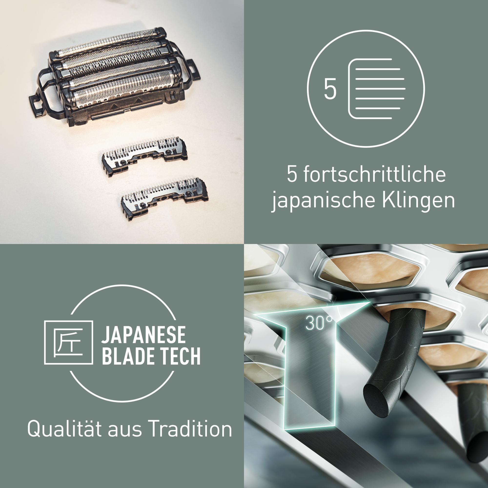 Nahaufnahme von Rasierklingen, abgewinkelte Klingen mit 30 Grad und japanische Klingentechnik-Details. Auch Text 'Qualität aus Tradition'.