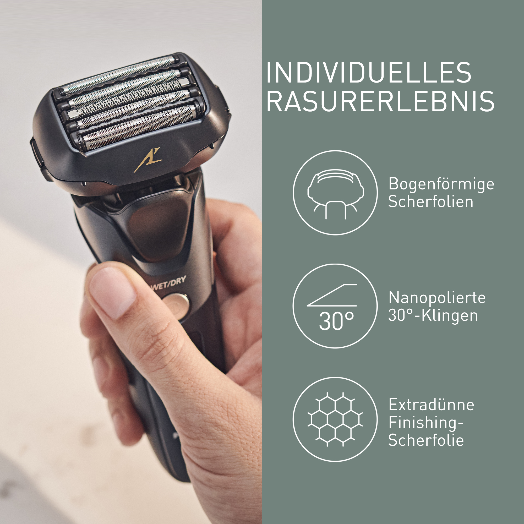 Ein schwarzer Elektrorasierer wird von einer Hand gehalten. Der Rasierer hat silberne Klingen und ist mit 'WET/DRY' beschriftet.