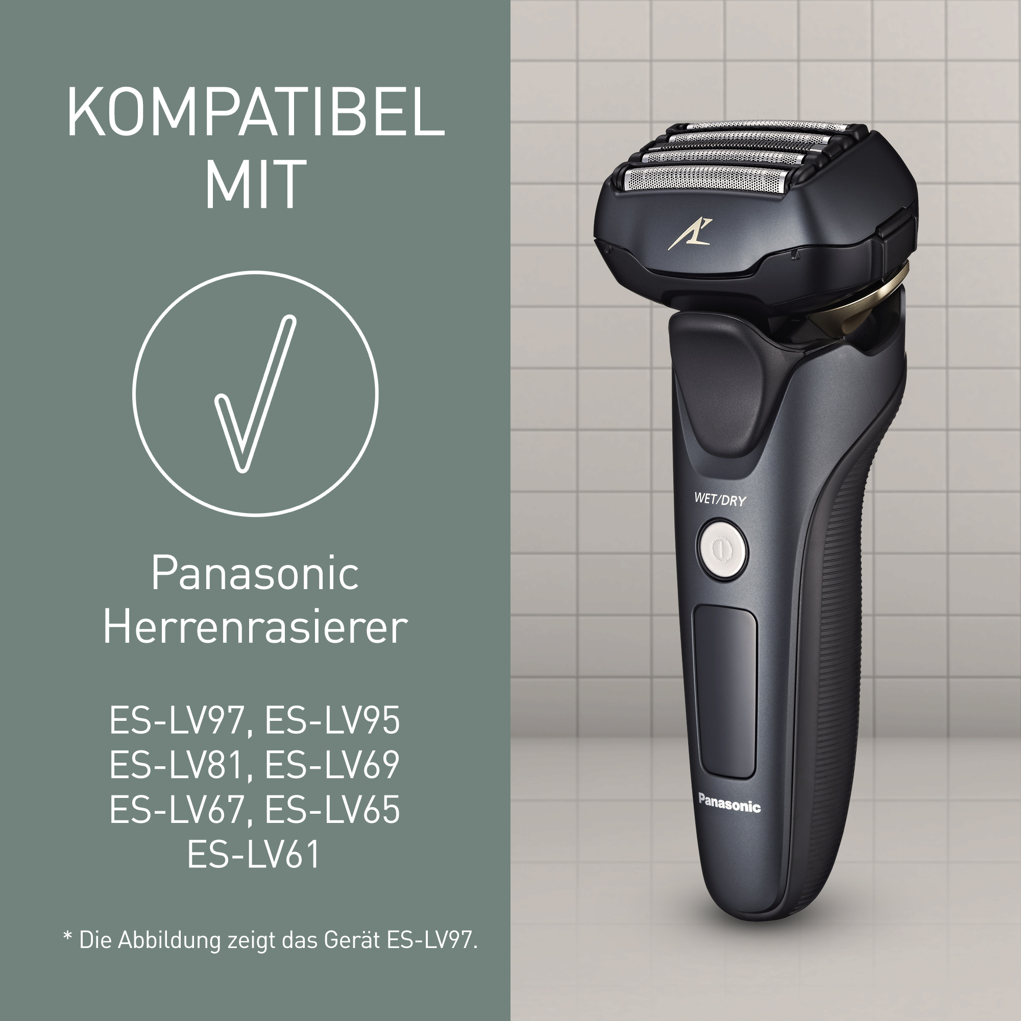 Ein schwarzer elektrischer Rasierer von Panasonic. Das Bild enthält ein Häkchen, den Produktnamen und eine Liste kompatibler Modelle.