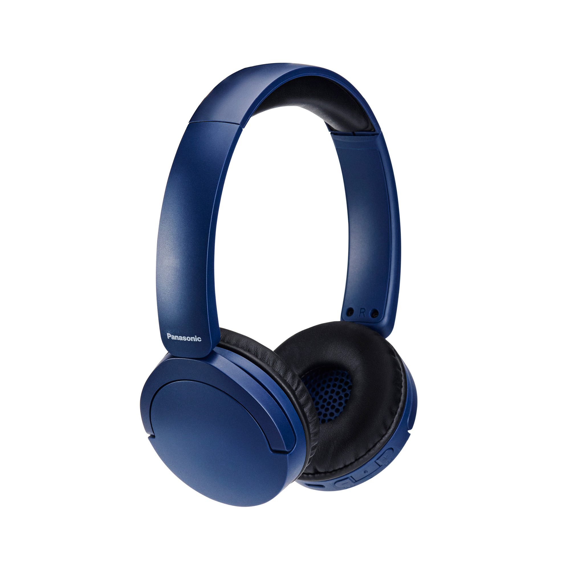 Blaue Panasonic-Kopfhörer auf weißem Hintergrund. Ohrmuscheln sind schwarz, Details sichtbar. Markenname steht seitlich.