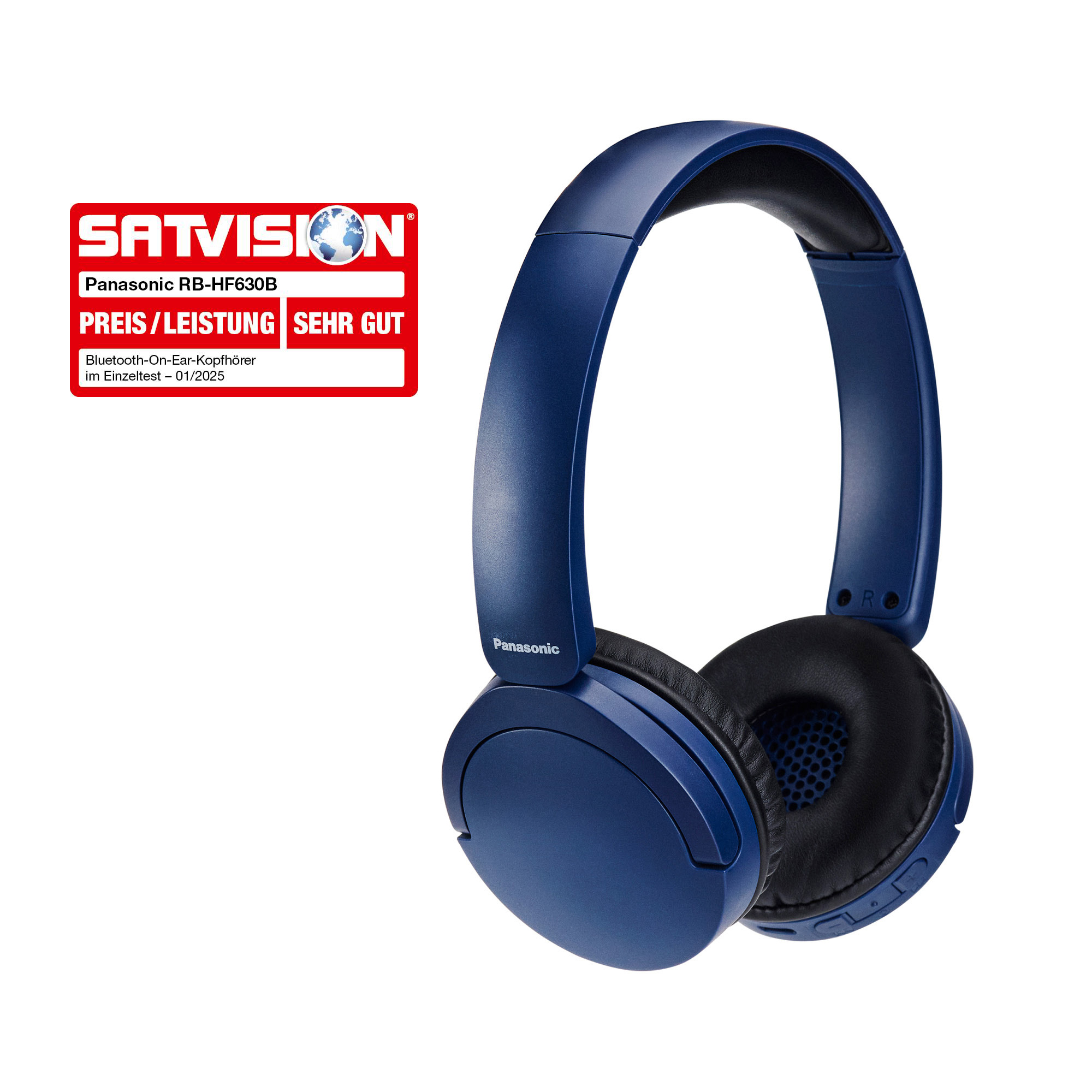 Blaue Panasonic RB-HF630B Kopfhörer. Bild mit 'SATVISION'-Logo und Text, der ein gutes Preis-Leistungs-Verhältnis anzeigt.