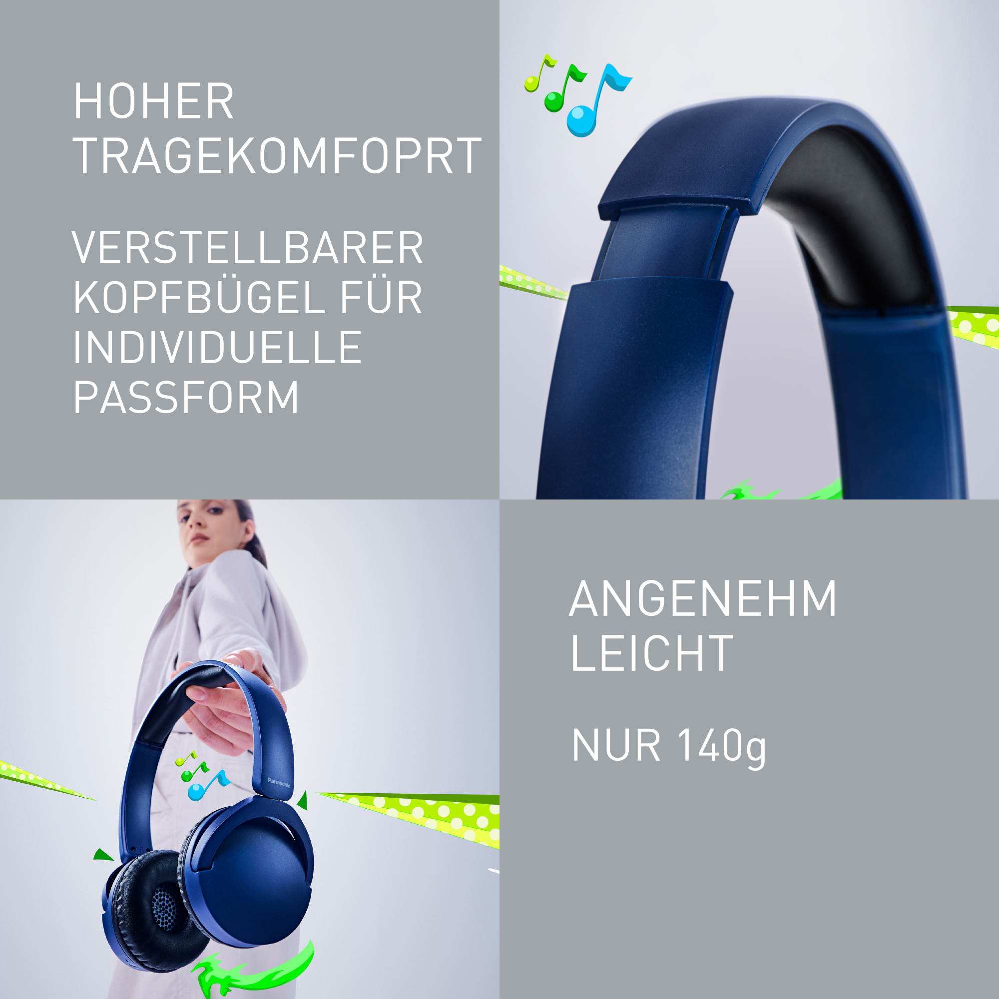 Eine Person hält blaue Kopfhörer. Text sagt: Hoher Tragekomfort, verstellbarer Kopfbügel, angenehm leicht, nur 140g.
