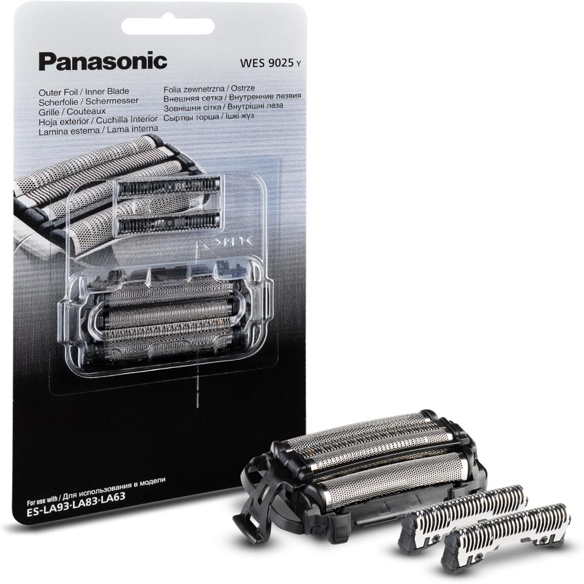 Ein Panasonic Rasierer-Ersatzkopf-Kit. Die Verpackung zeigt den Markennamen und Produktdetails, mit den sichtbaren Ersatzköpfen.