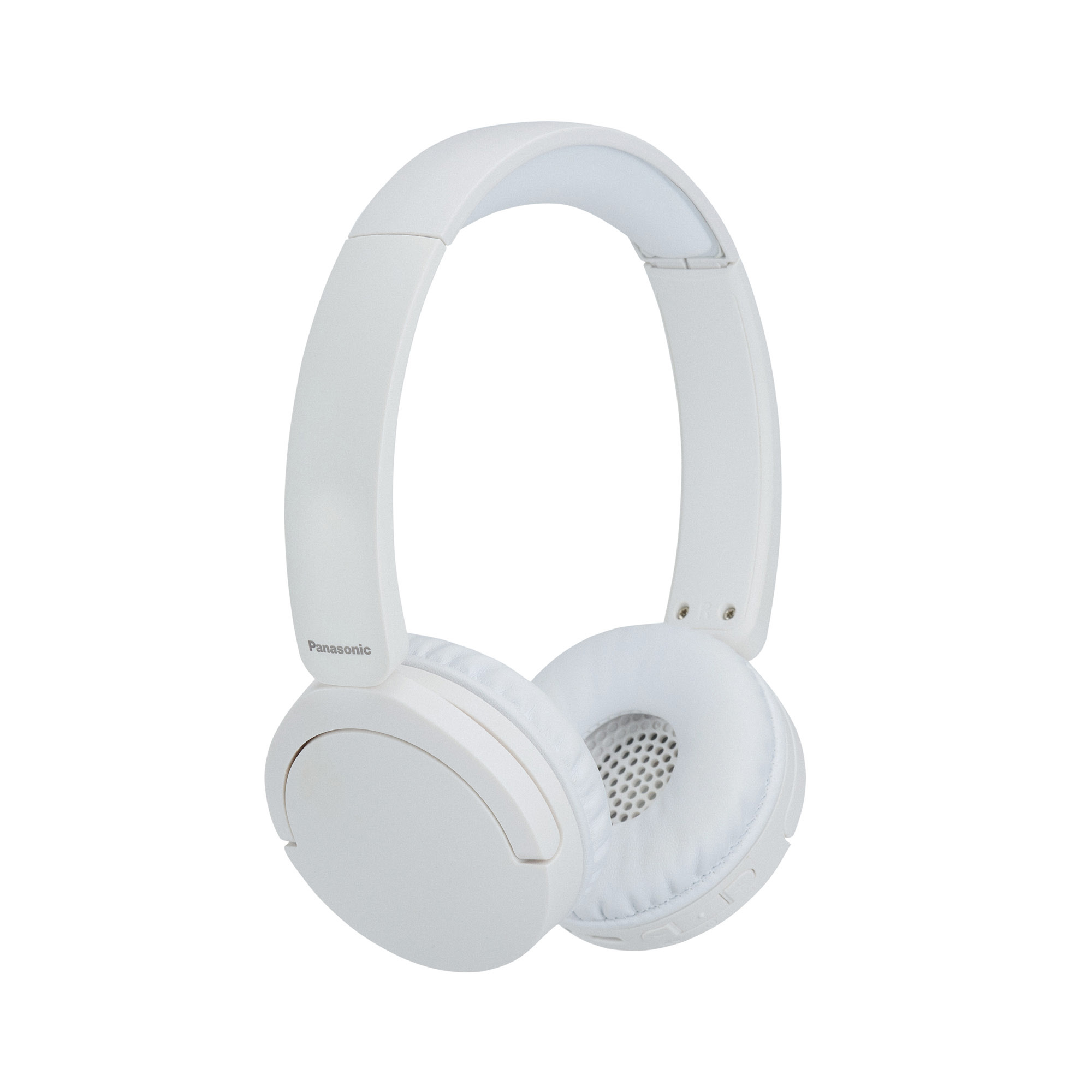 Weiße Panasonic-Kopfhörer auf weißem Hintergrund. Die Kopfhörer sind Over-Ear-Style.